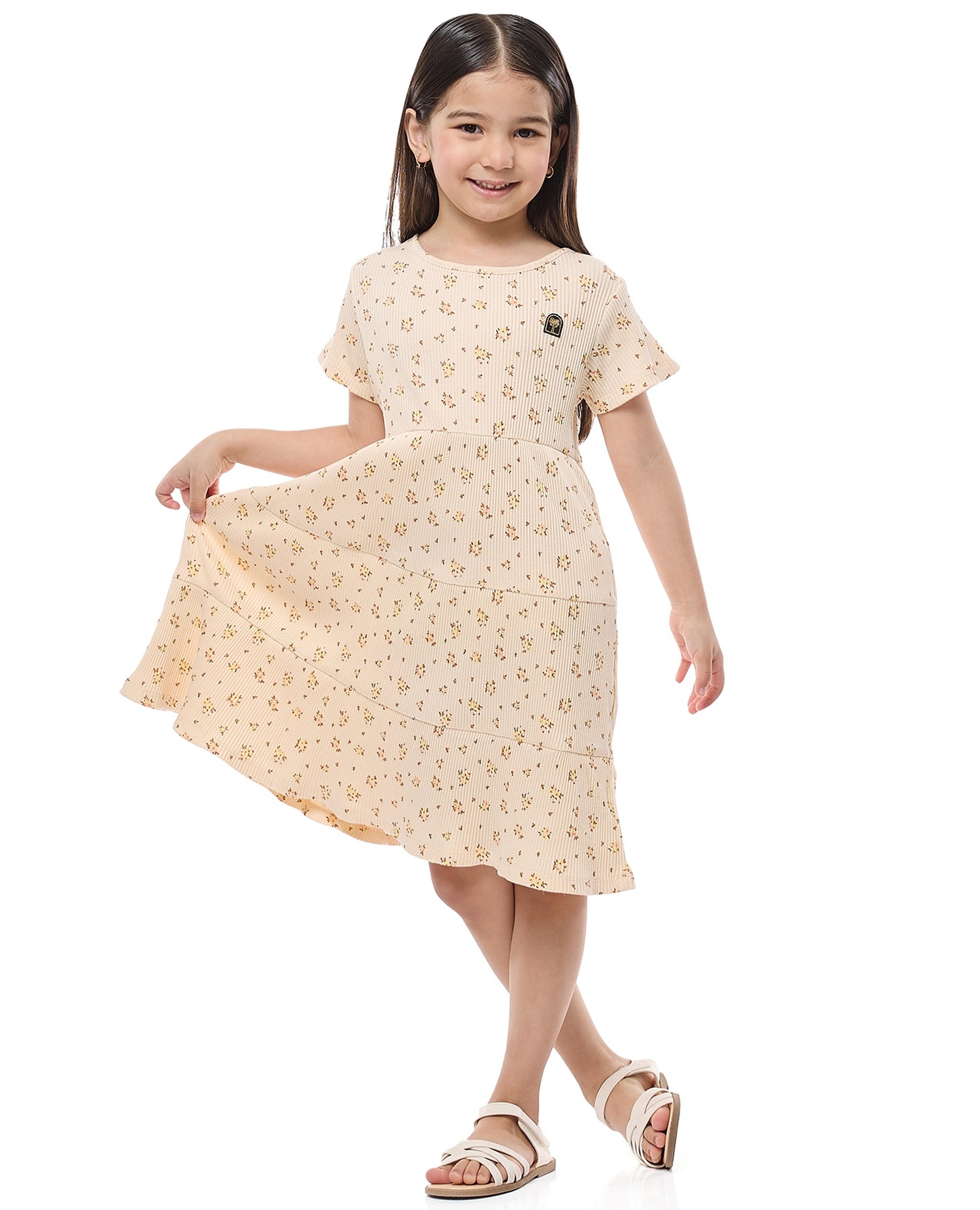 فستان بأكمام قصيرة ورقبة مستديرة بطبقات وطبعة