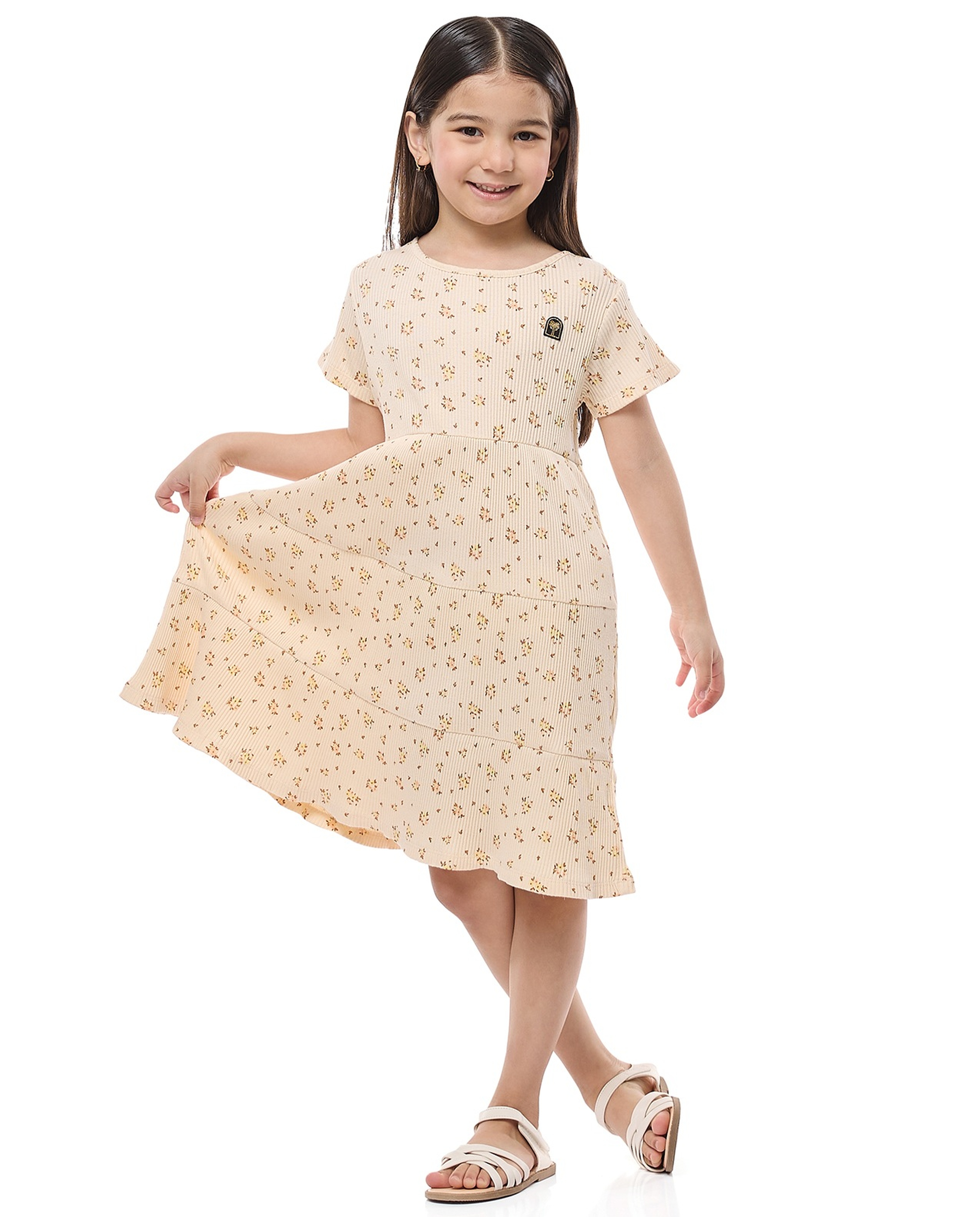 Printed Tiered Dress with Crew Neck and Short Sleeves