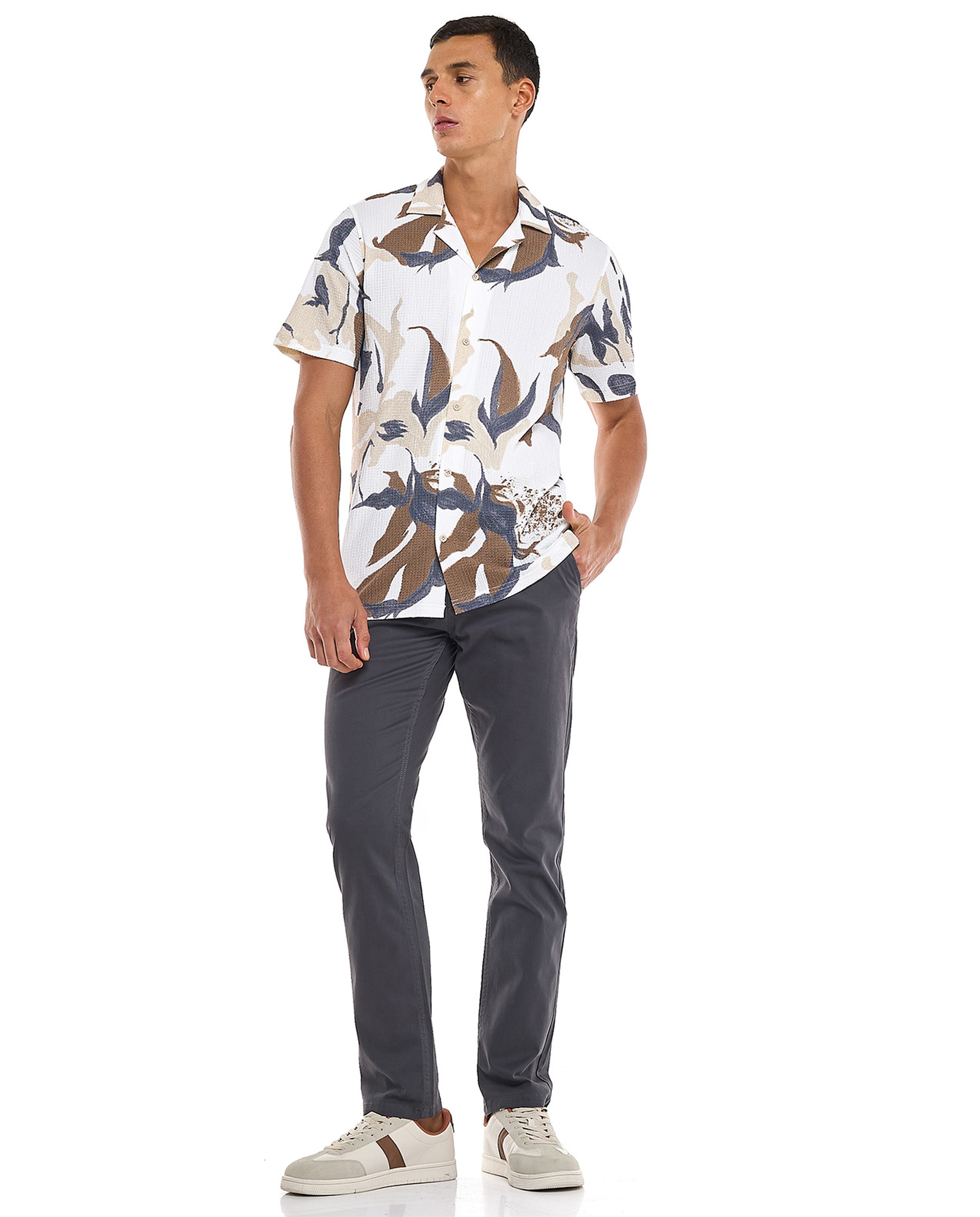Patterned Shirt with Revere Collar and Short Sleeves