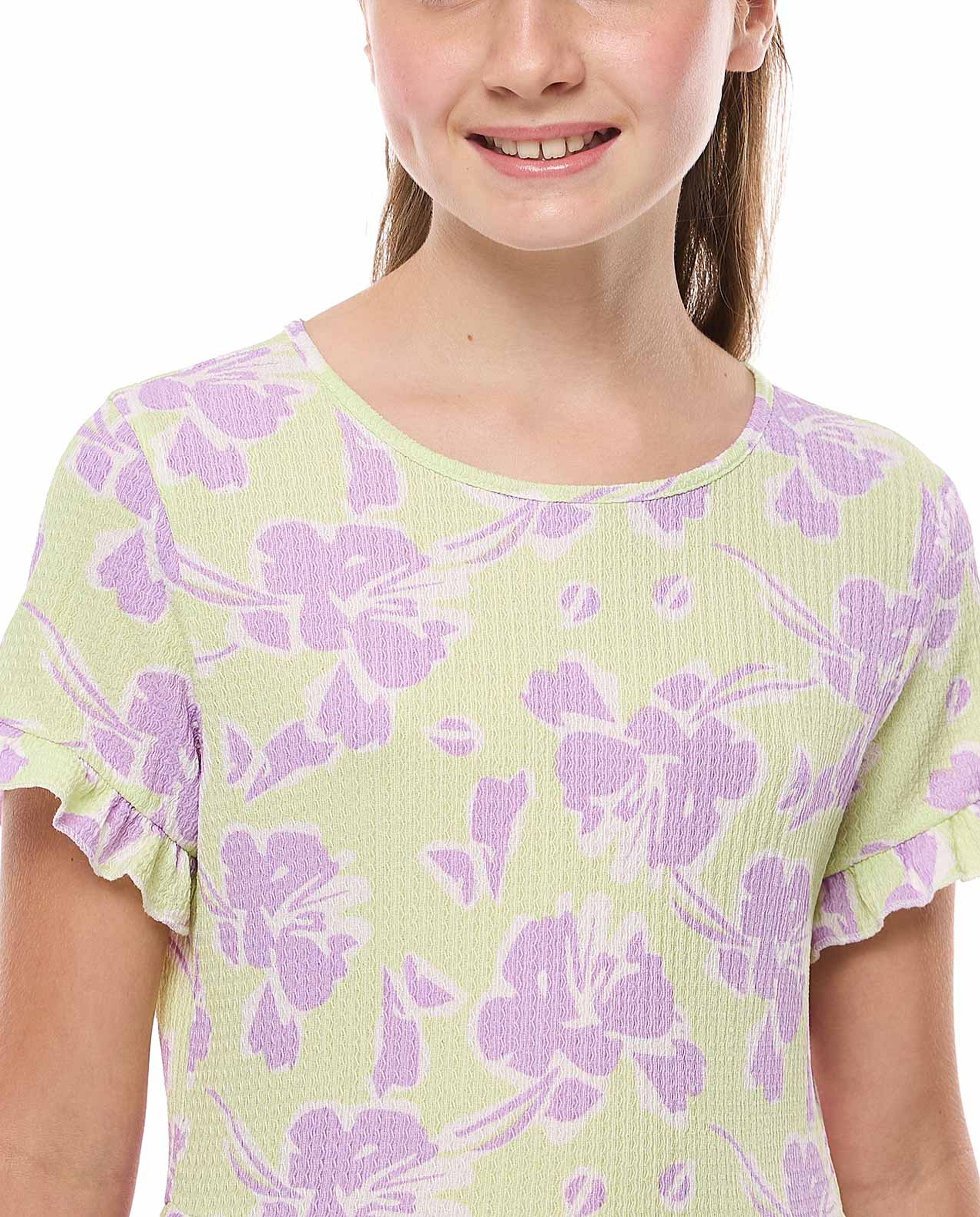 Patterned Tiered Dress with Crew Neck and Short Sleeves