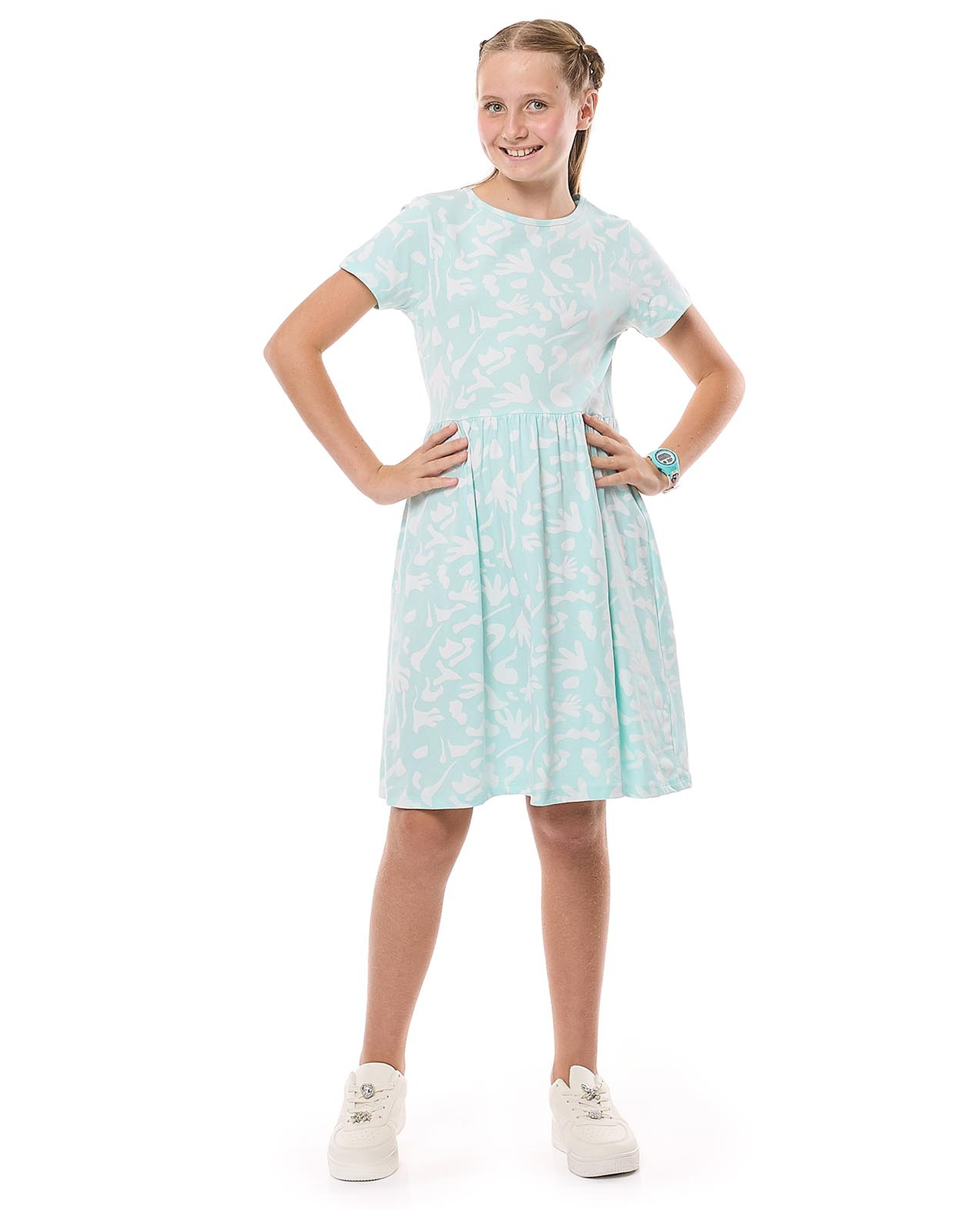 Patterned Dress with Crew Neck and Short Sleeves