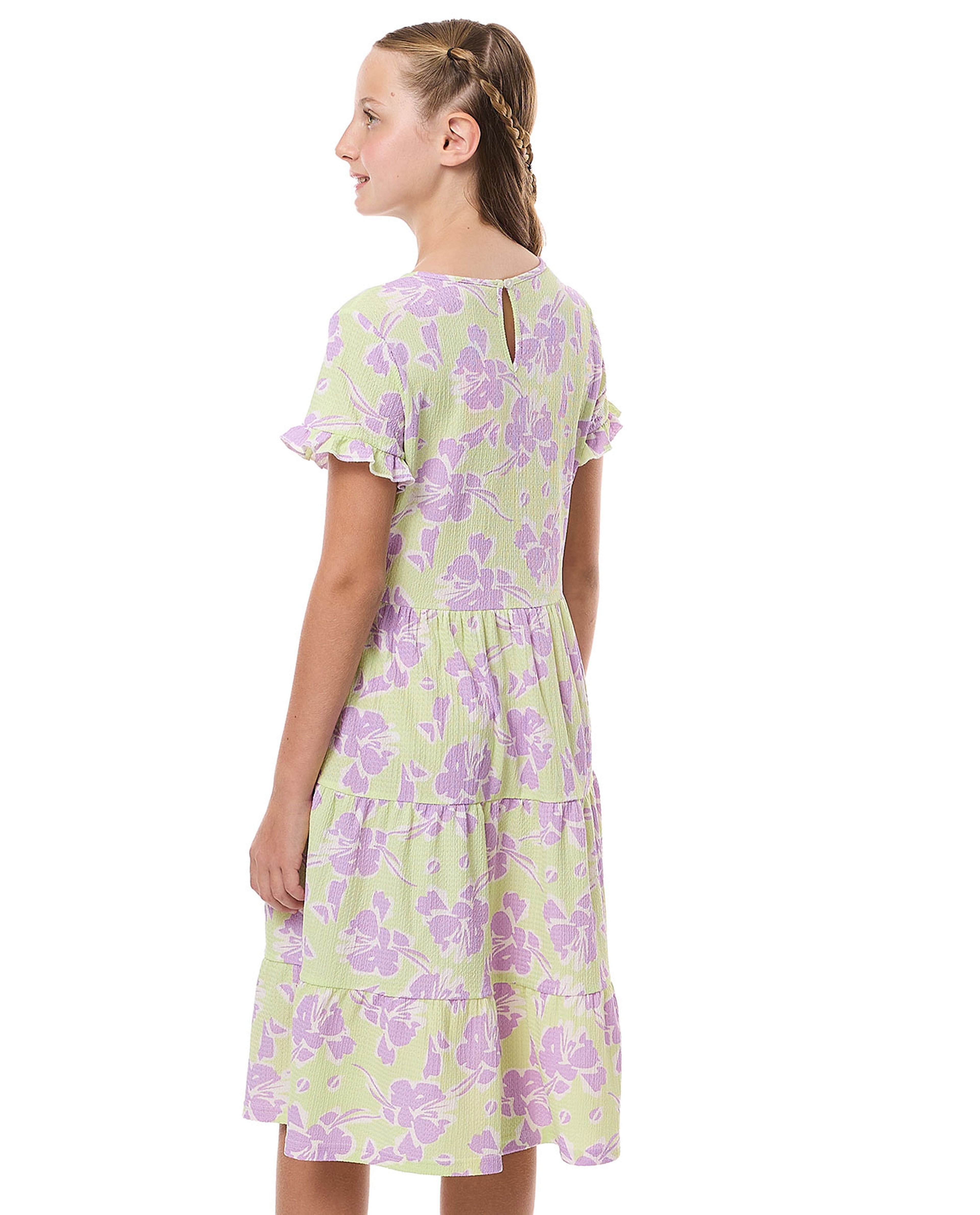 Patterned Tiered Dress with Crew Neck and Short Sleeves