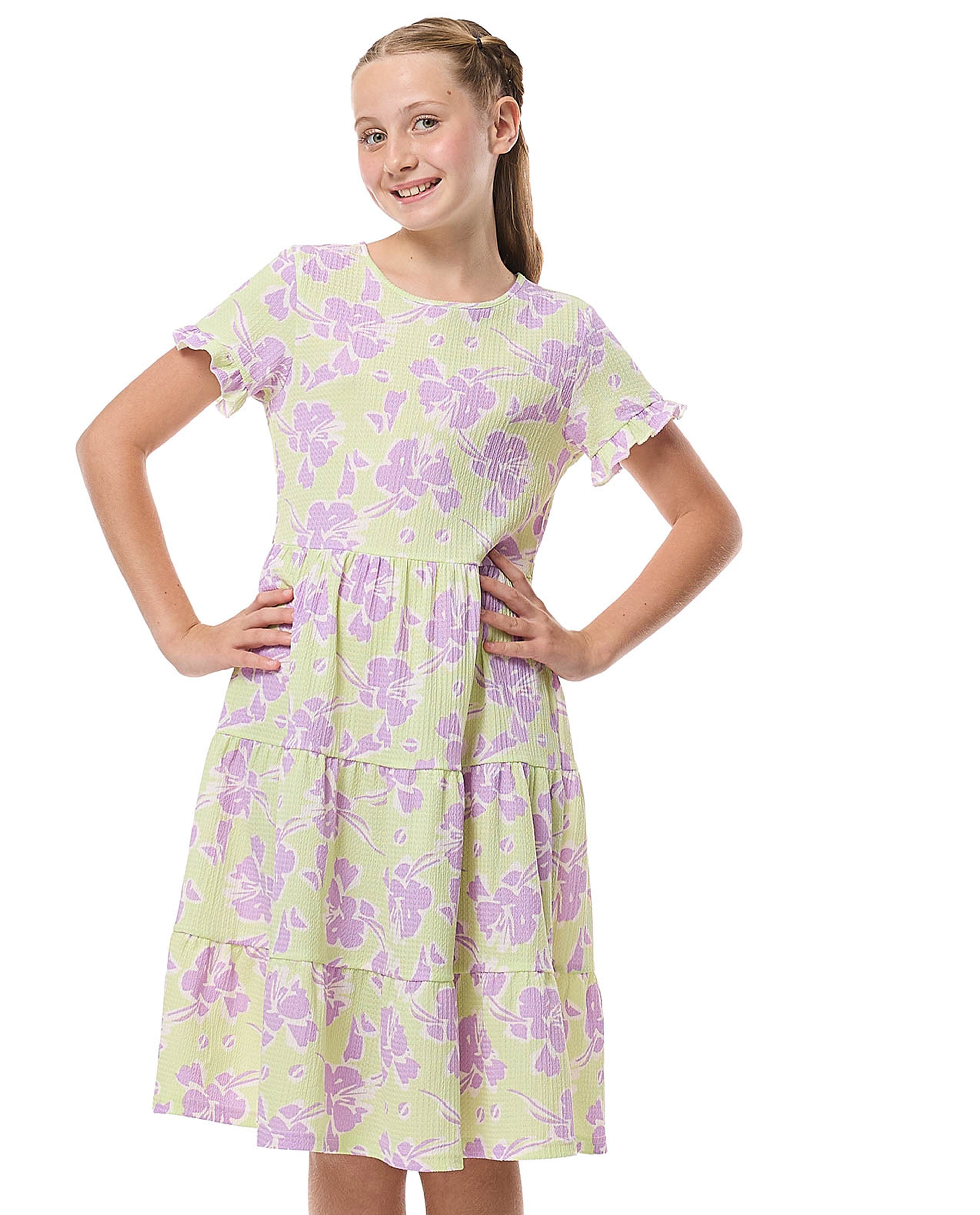 Patterned Tiered Dress with Crew Neck and Short Sleeves