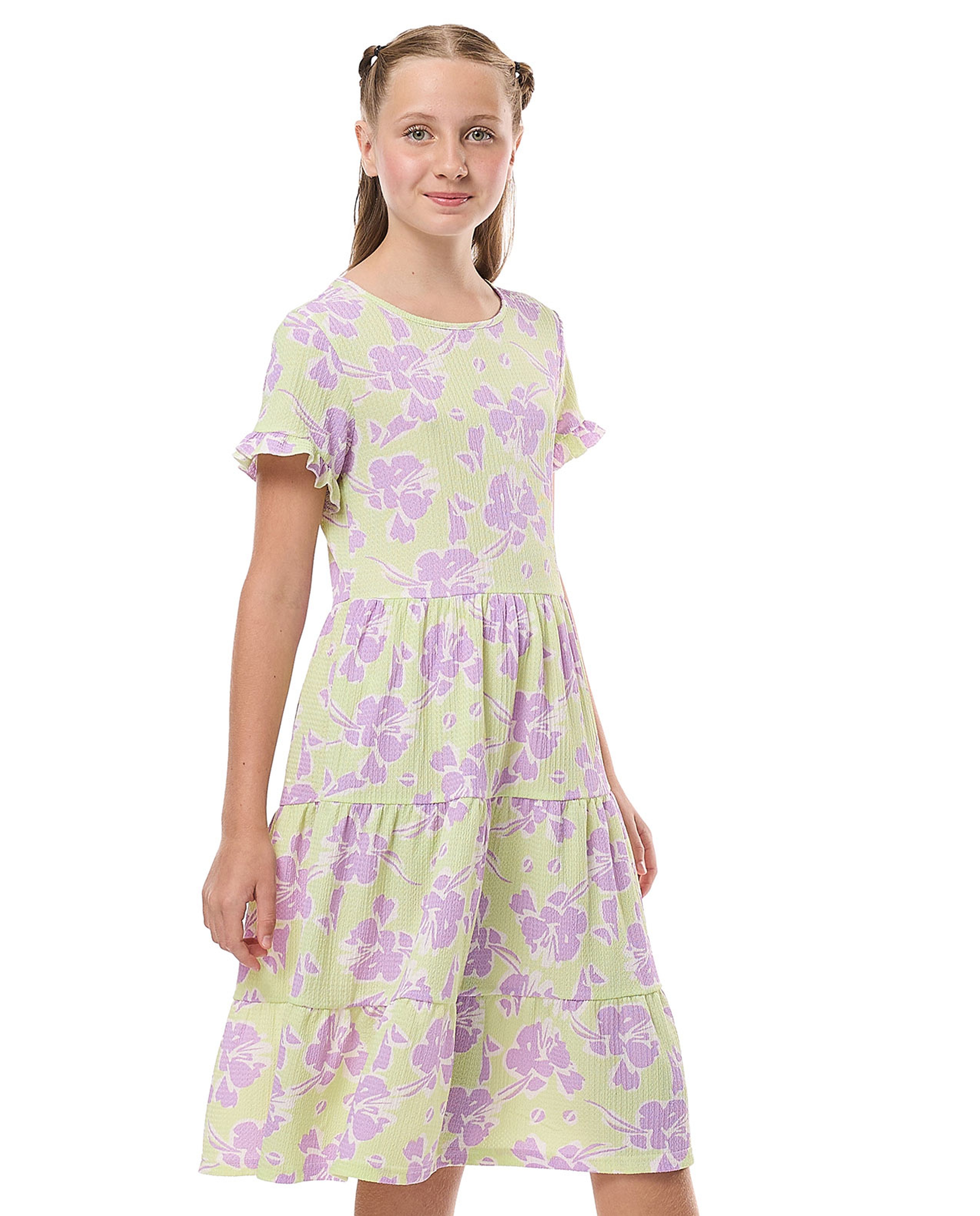 Patterned Tiered Dress with Crew Neck and Short Sleeves