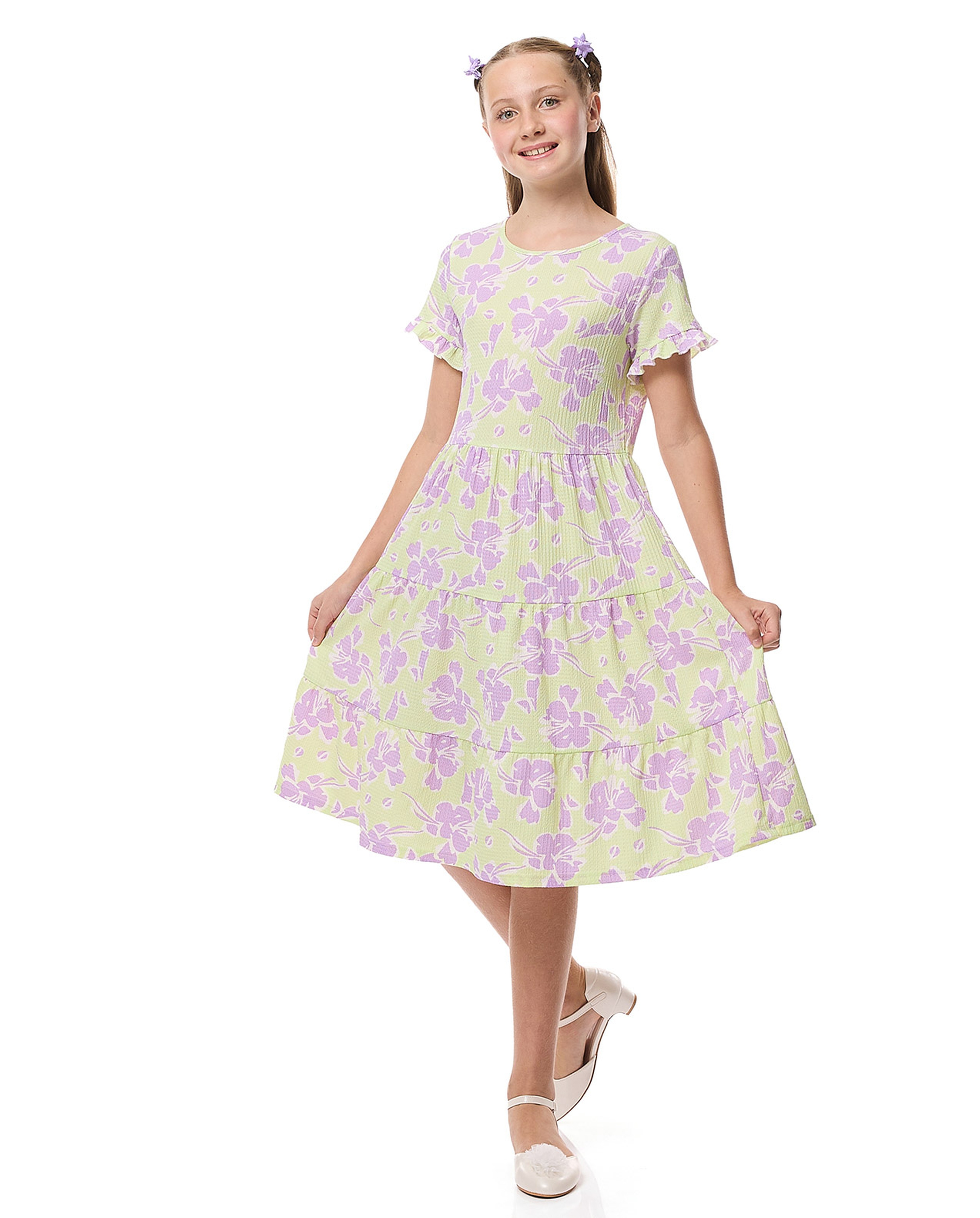 Patterned Tiered Dress with Crew Neck and Short Sleeves