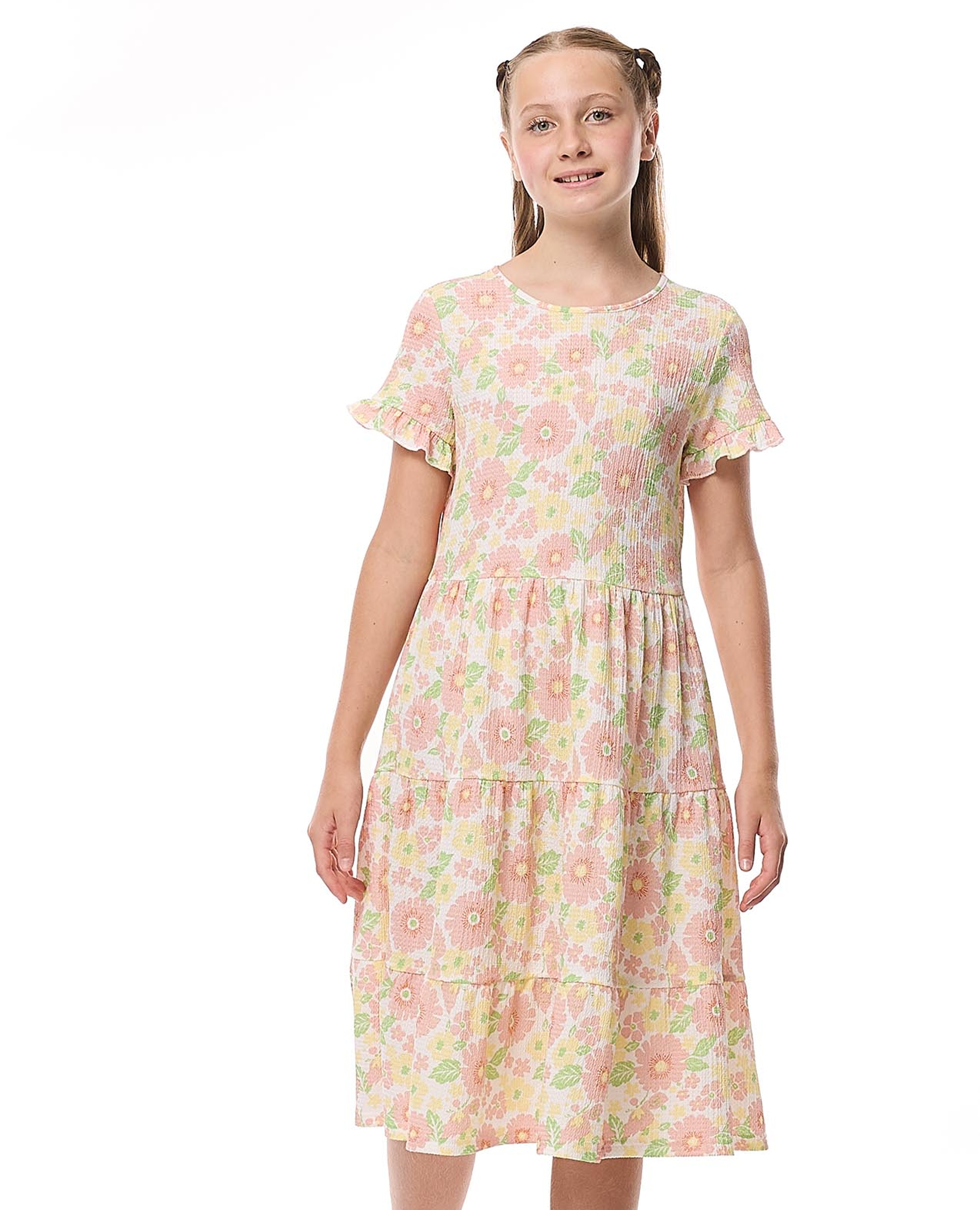 Patterned Tiered Dress with Crew Neck and Short Sleeves