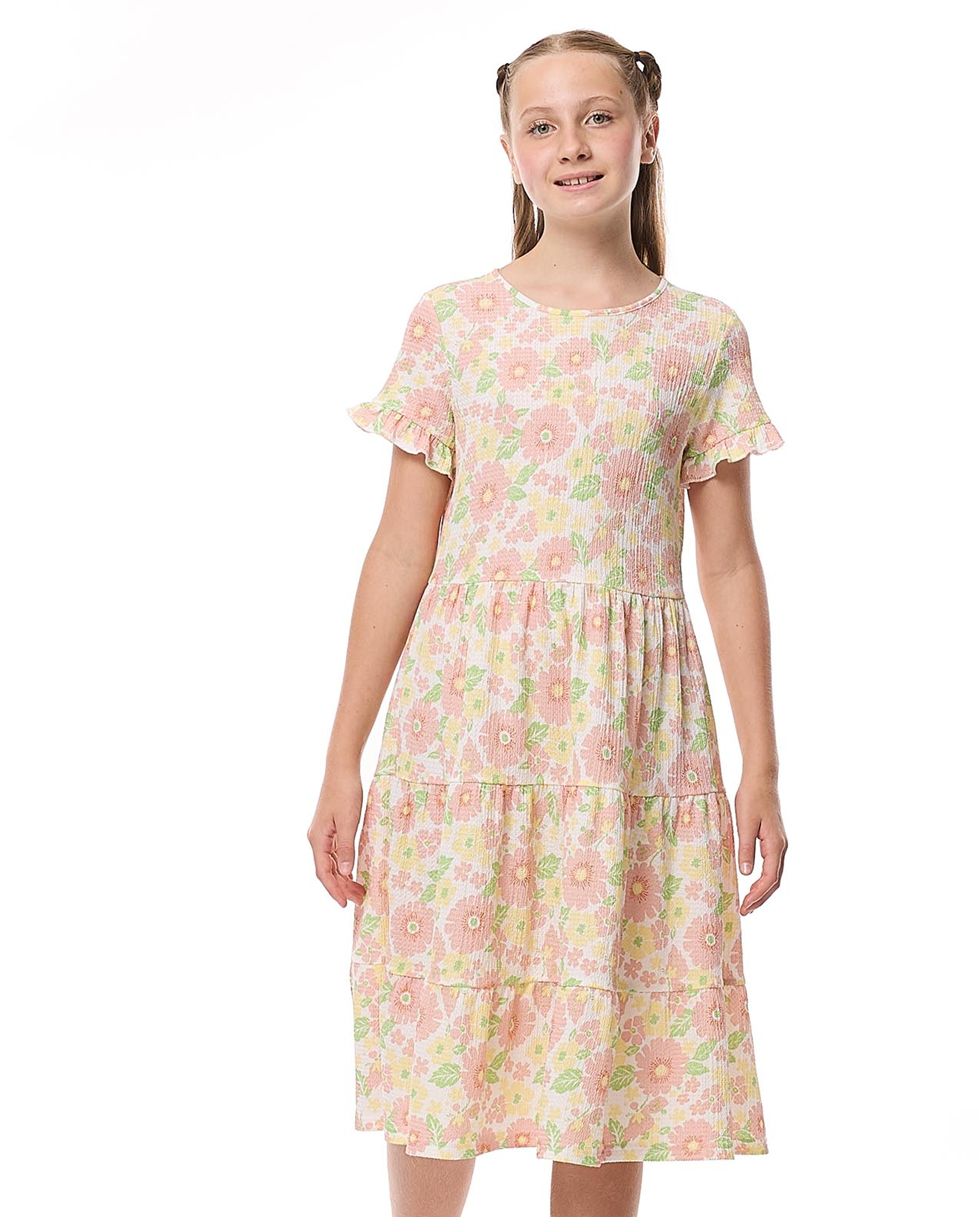 Patterned Tiered Dress with Crew Neck and Short Sleeves