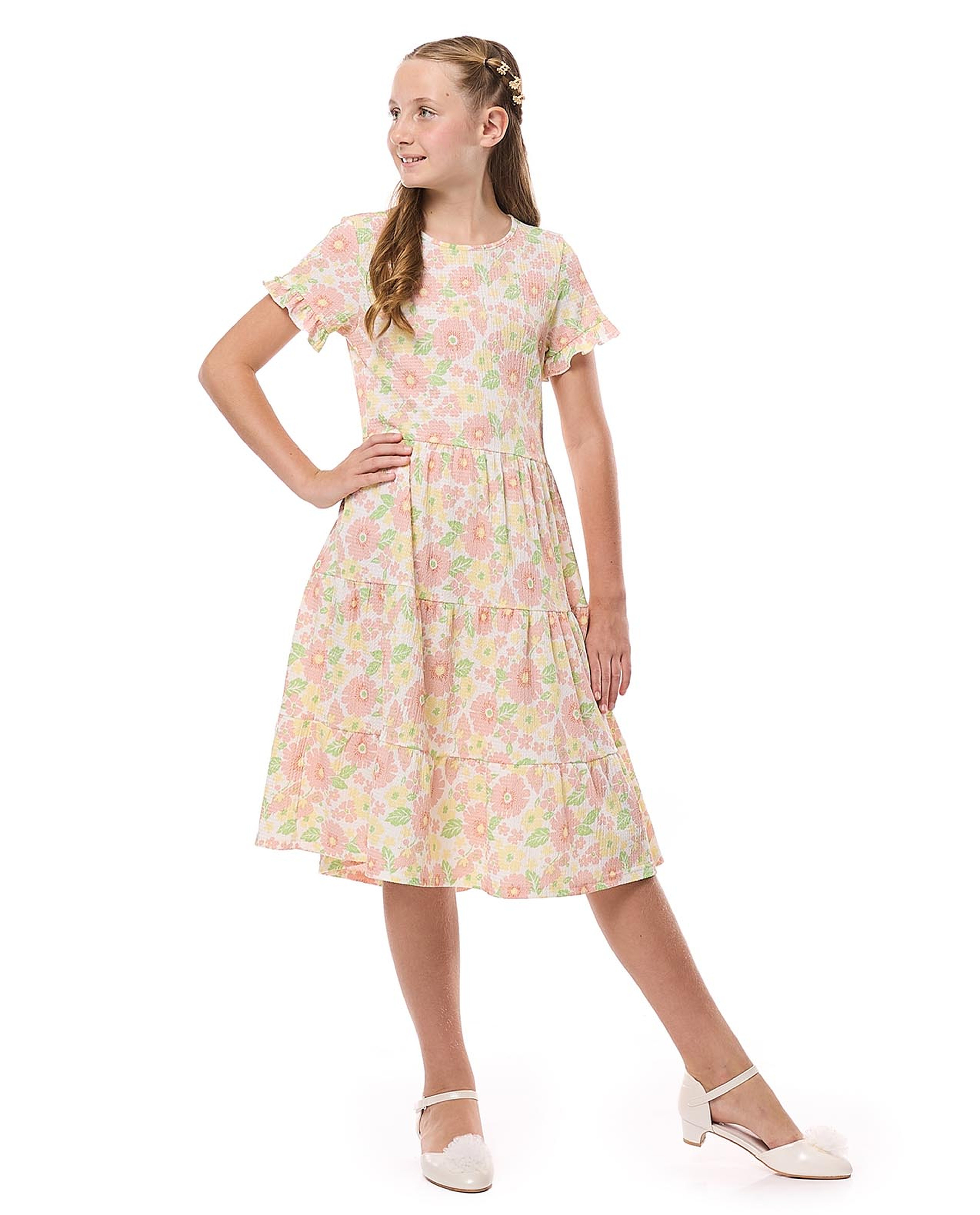 Patterned Tiered Dress with Crew Neck and Short Sleeves