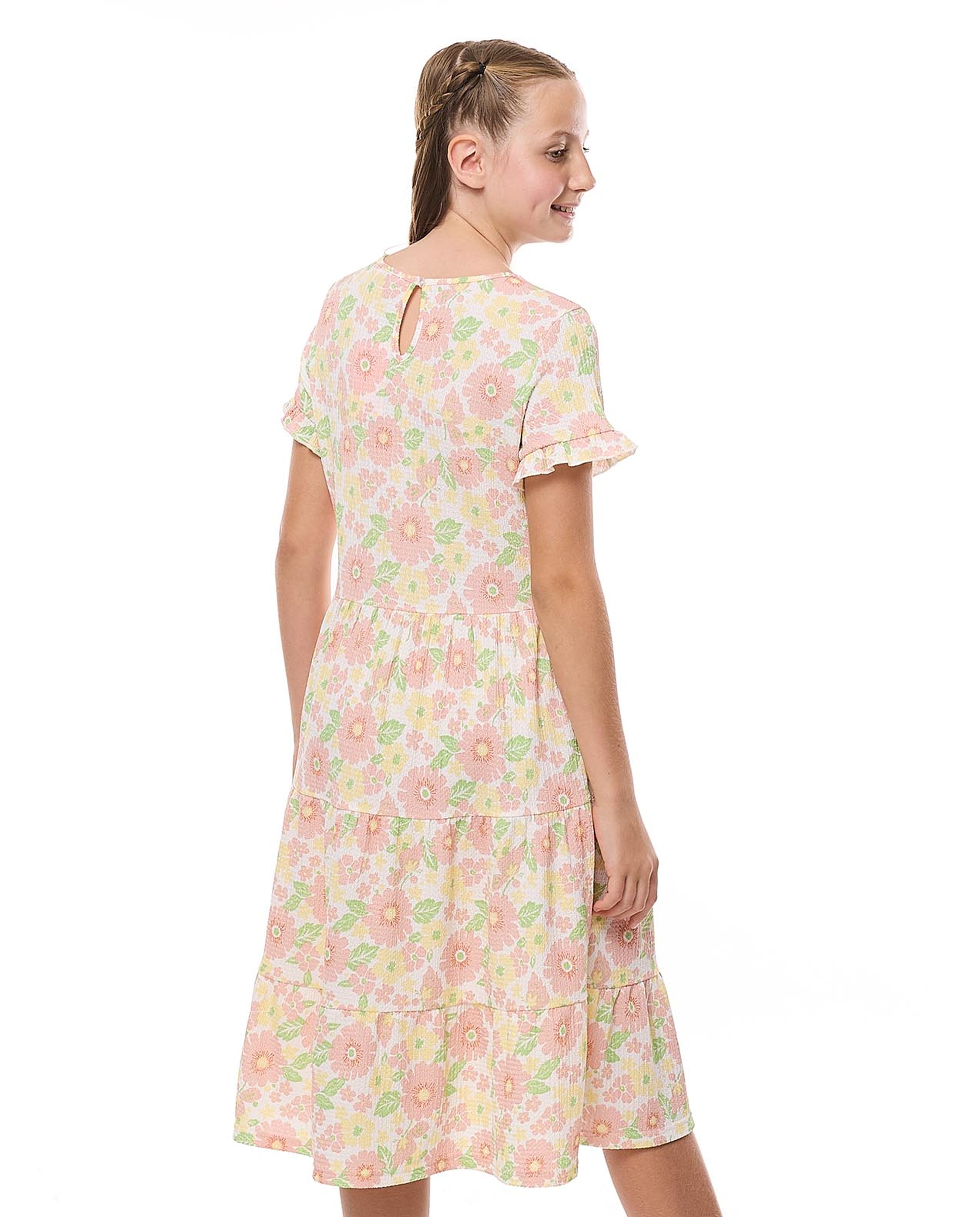 Patterned Tiered Dress with Crew Neck and Short Sleeves