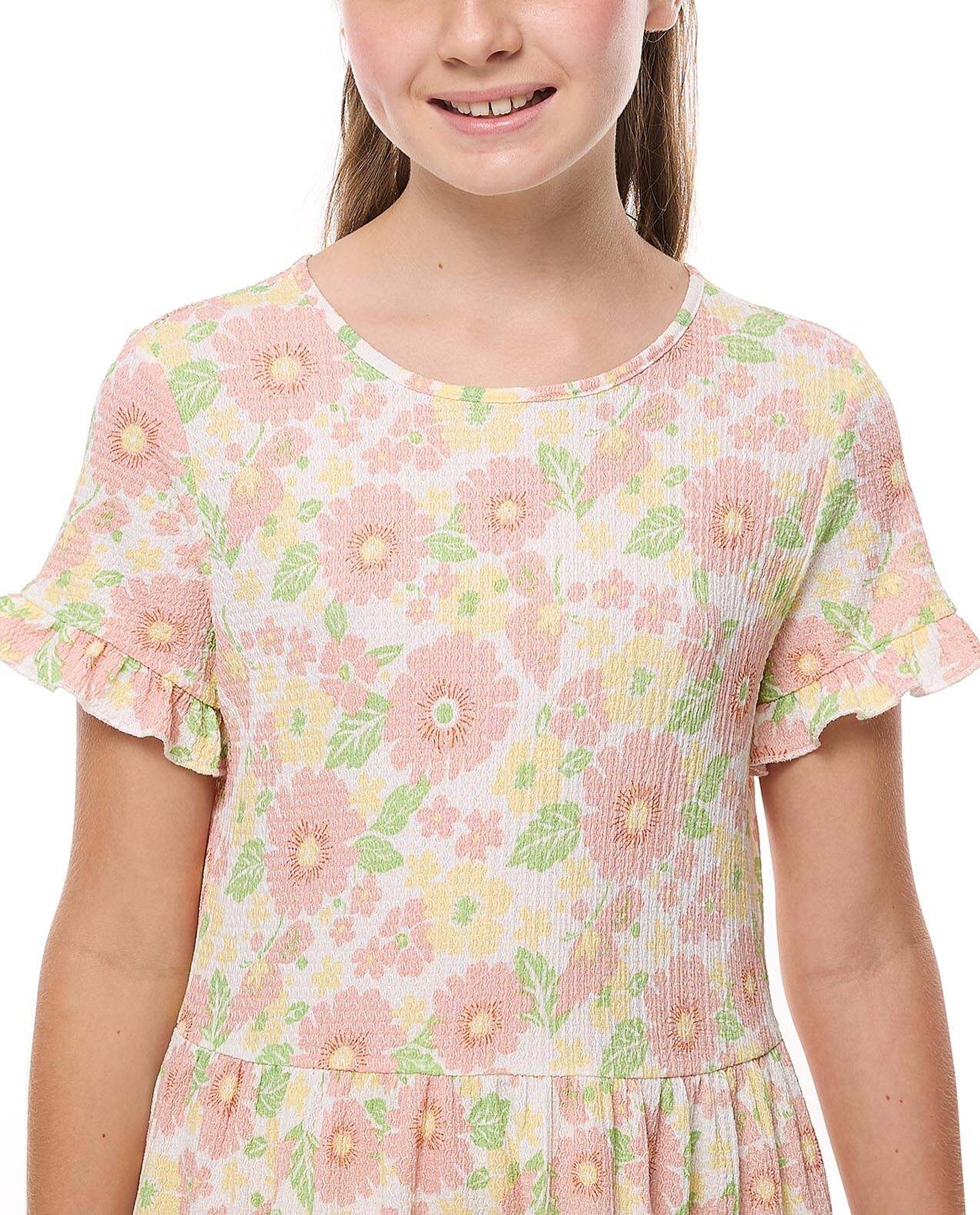 Patterned Tiered Dress with Crew Neck and Short Sleeves