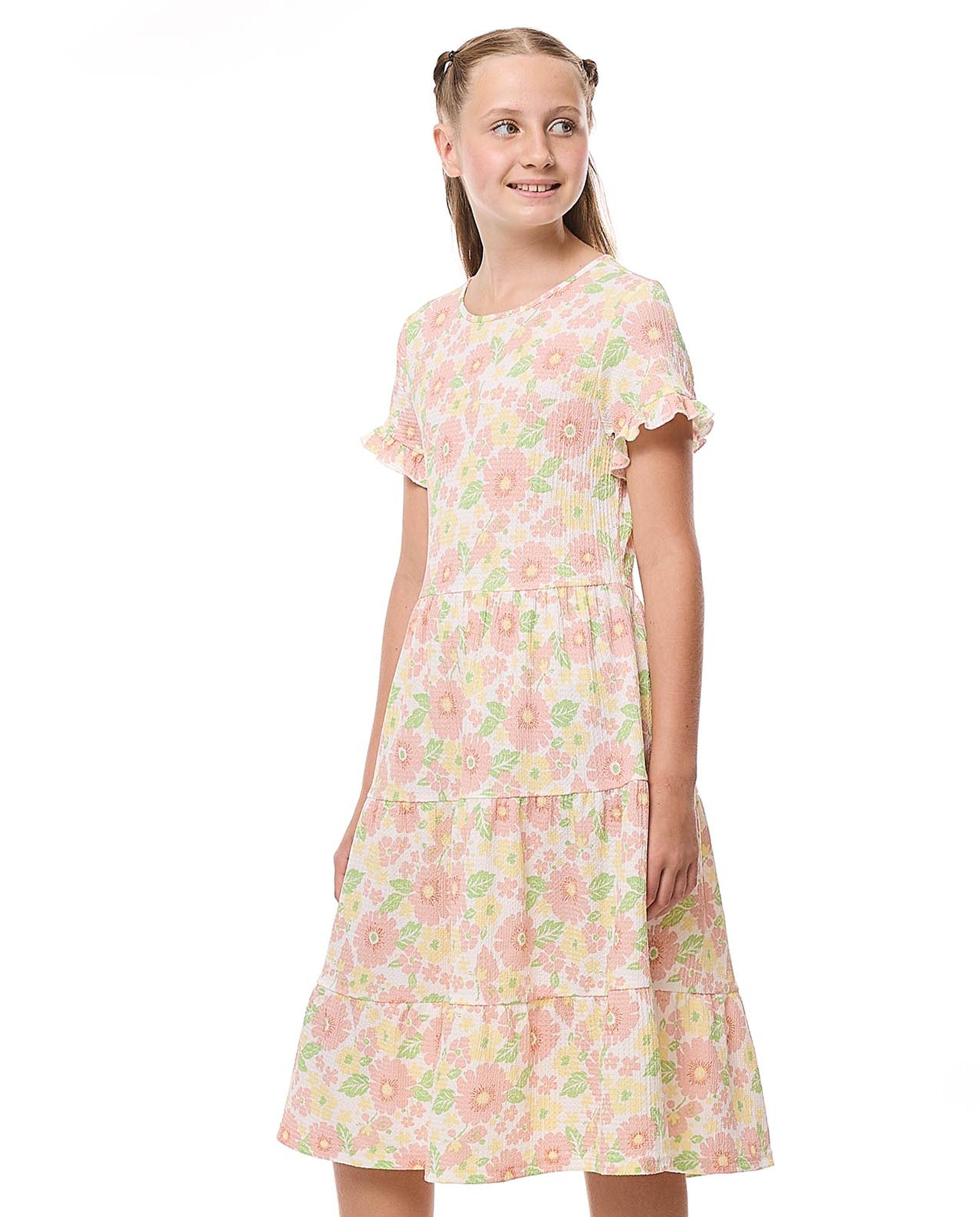 Patterned Tiered Dress with Crew Neck and Short Sleeves