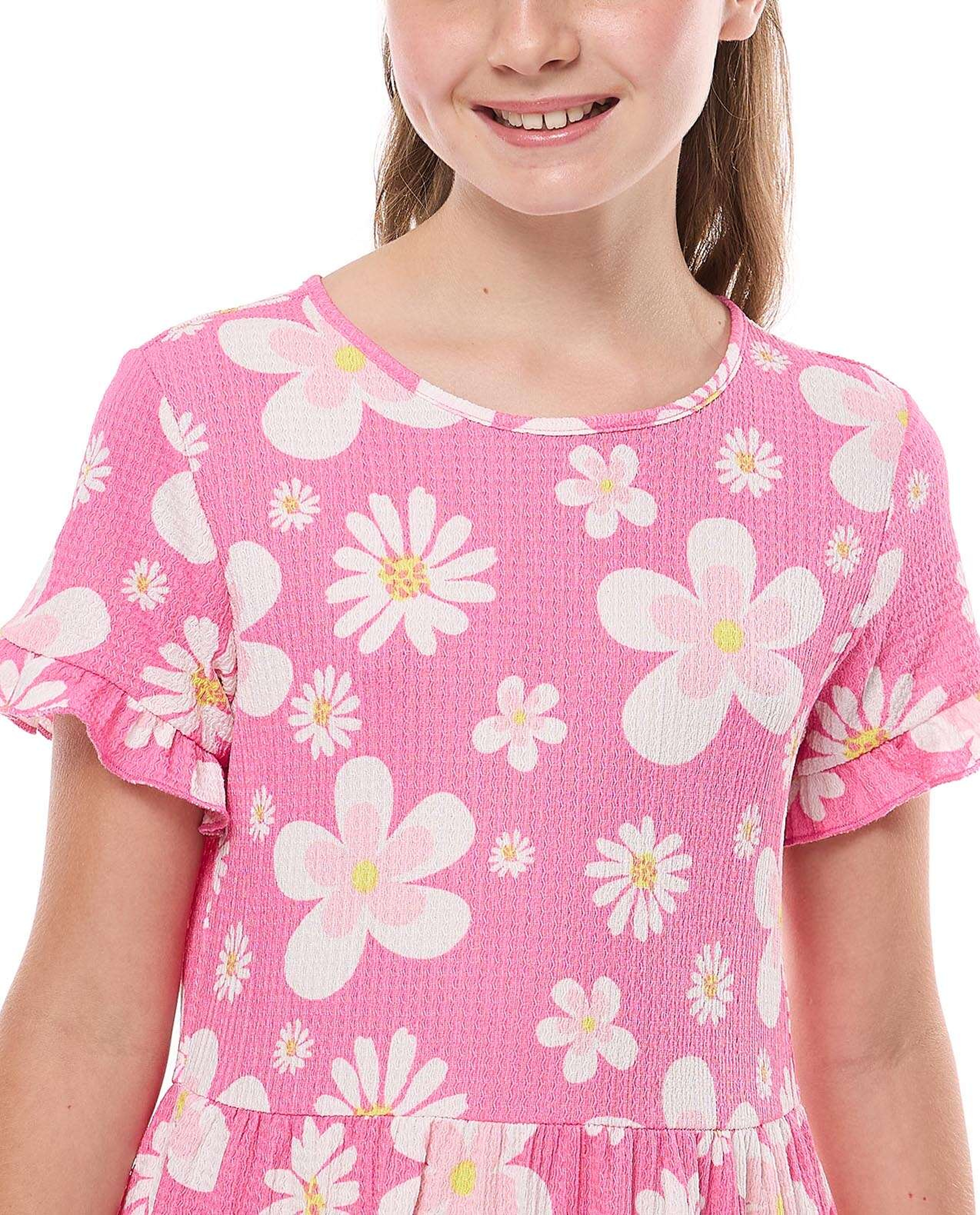 Patterned Tiered Dress with Crew Neck and Short Sleeves