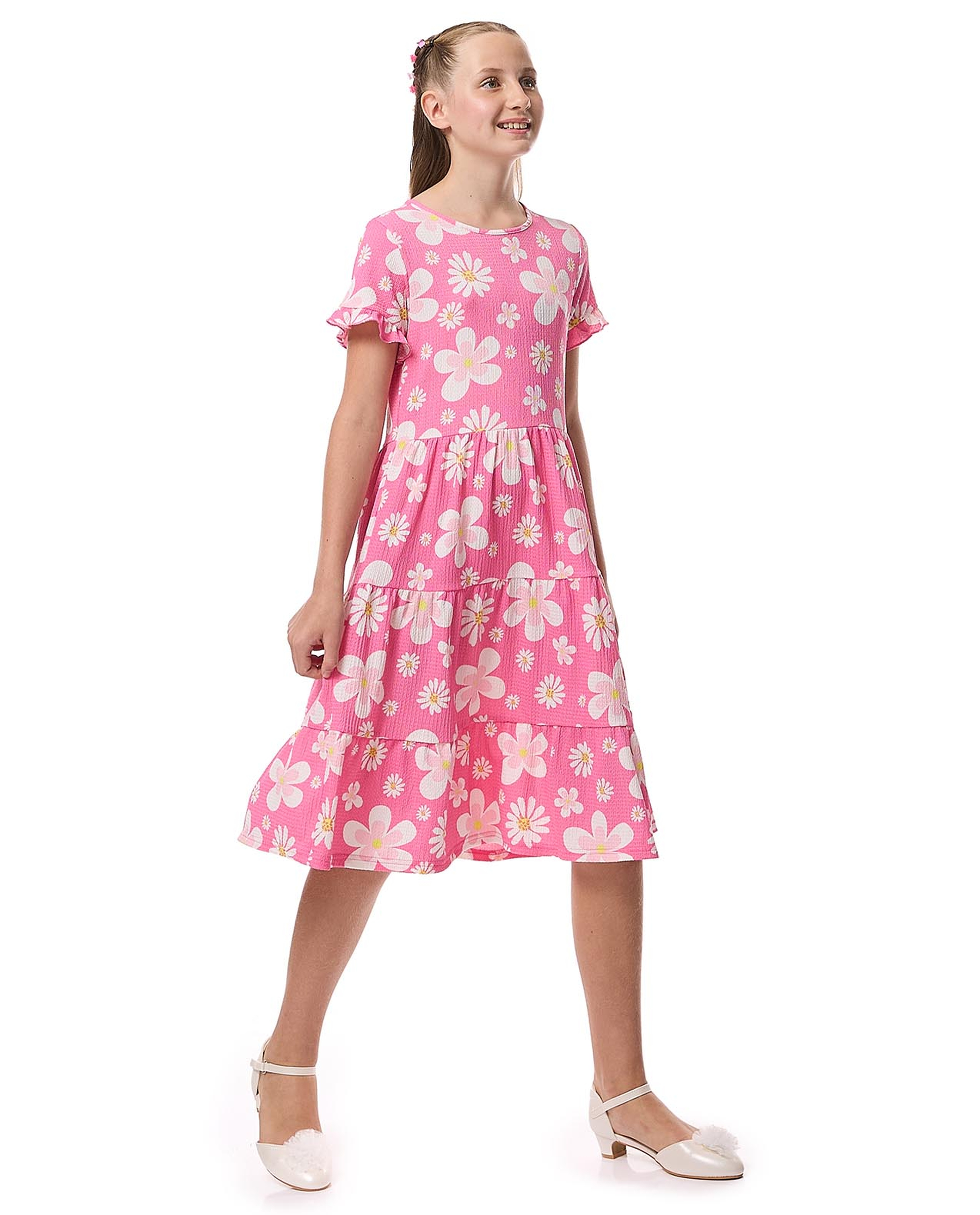 Patterned Tiered Dress with Crew Neck and Short Sleeves