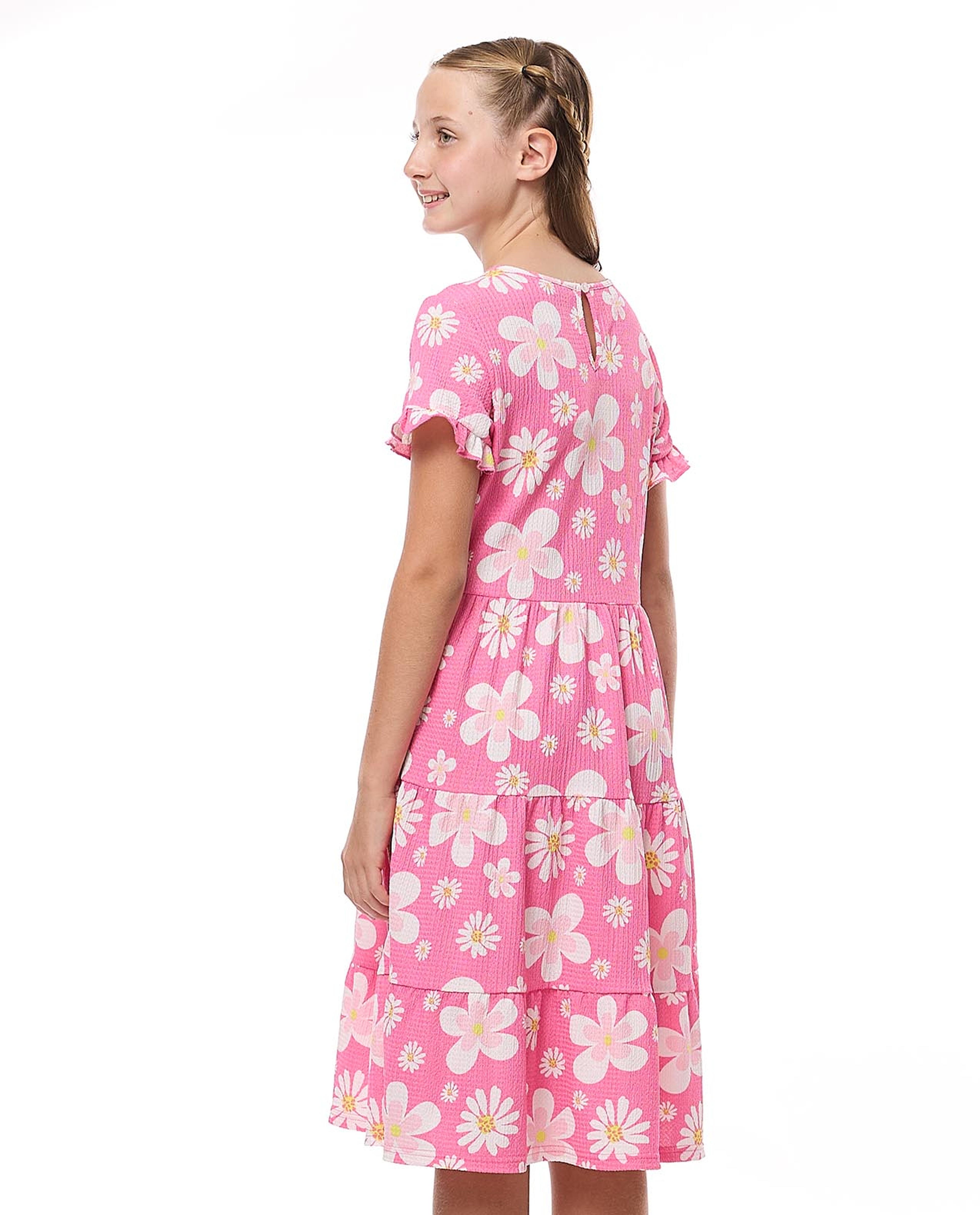 Patterned Tiered Dress with Crew Neck and Short Sleeves