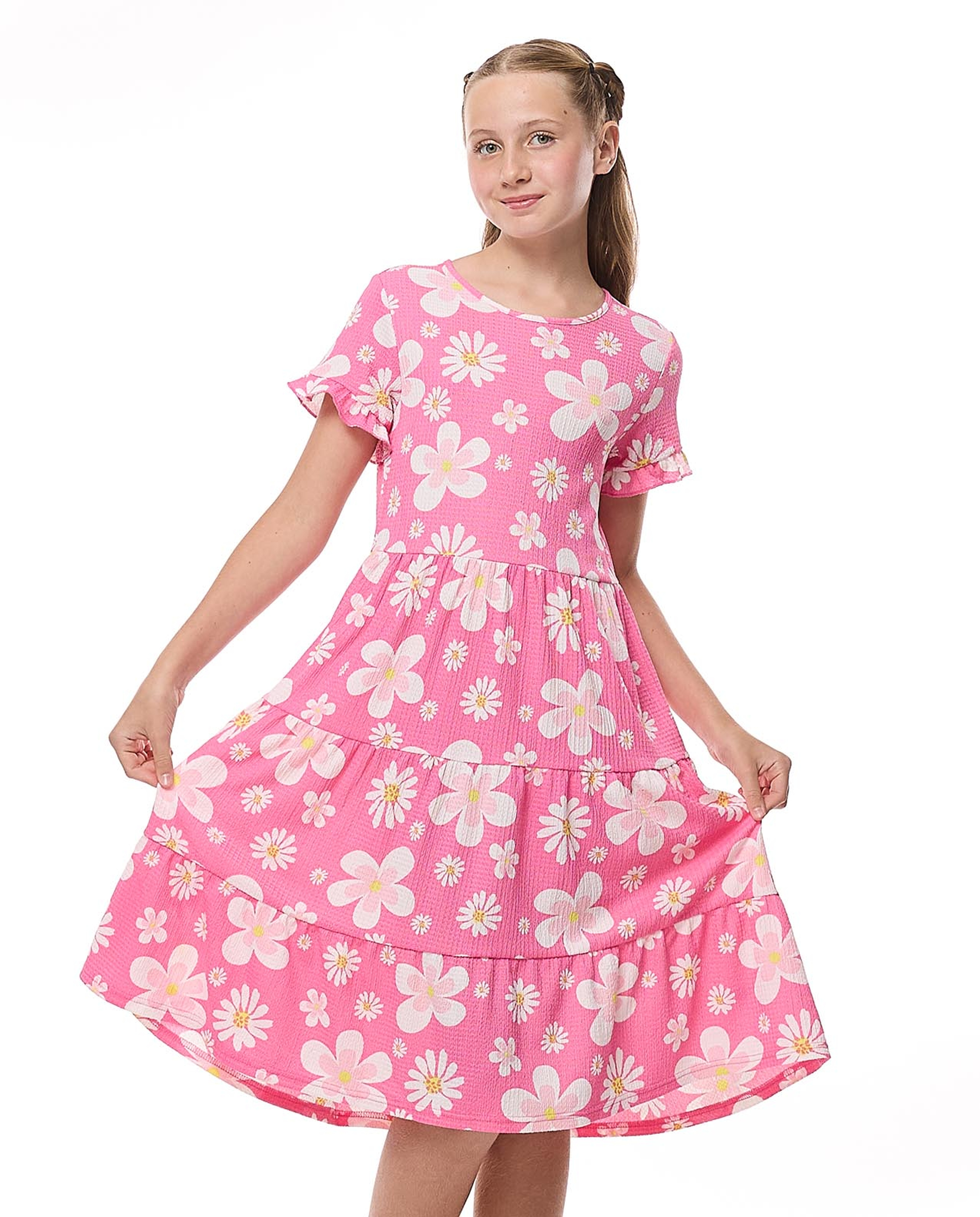 Patterned Tiered Dress with Crew Neck and Short Sleeves