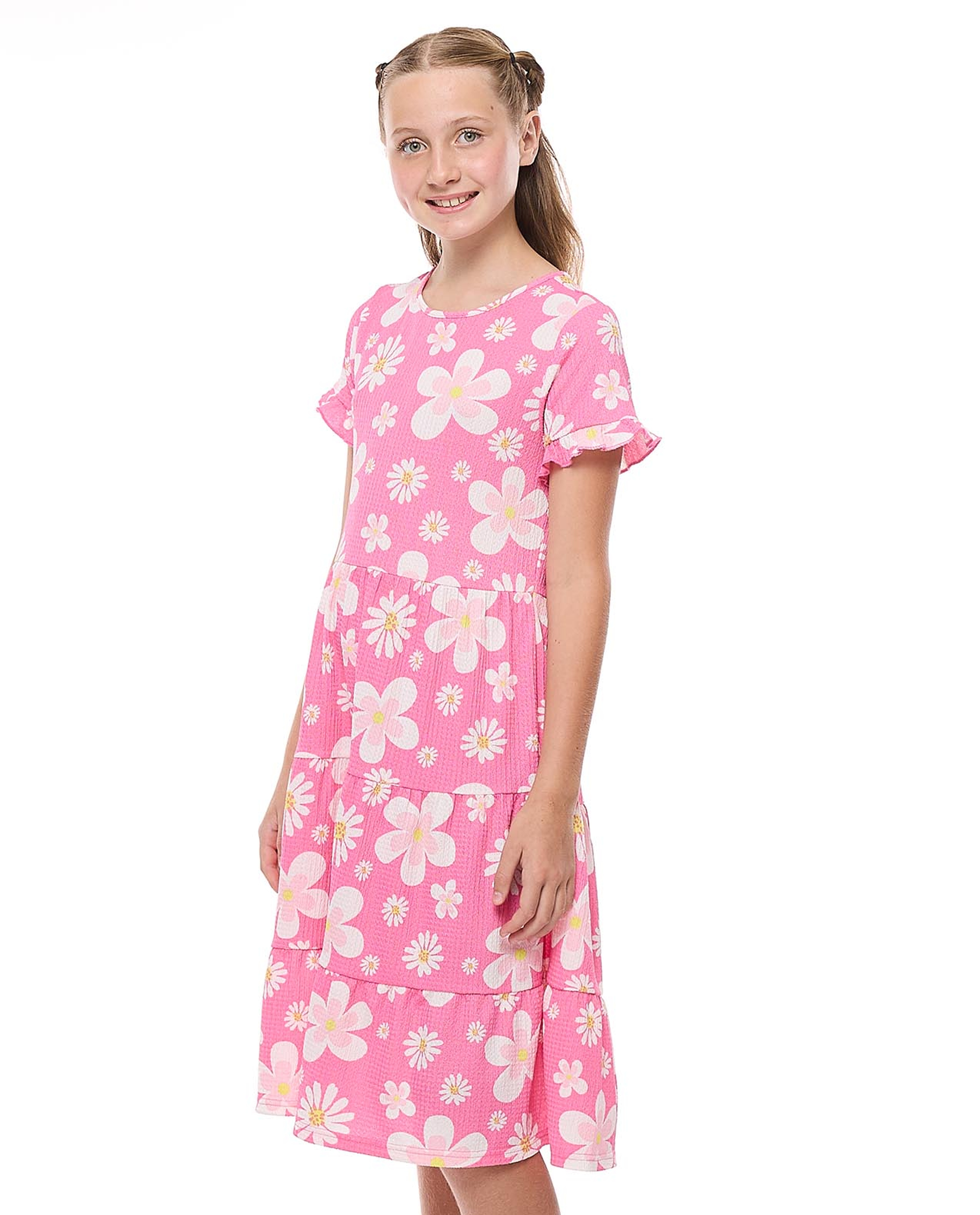 Patterned Tiered Dress with Crew Neck and Short Sleeves