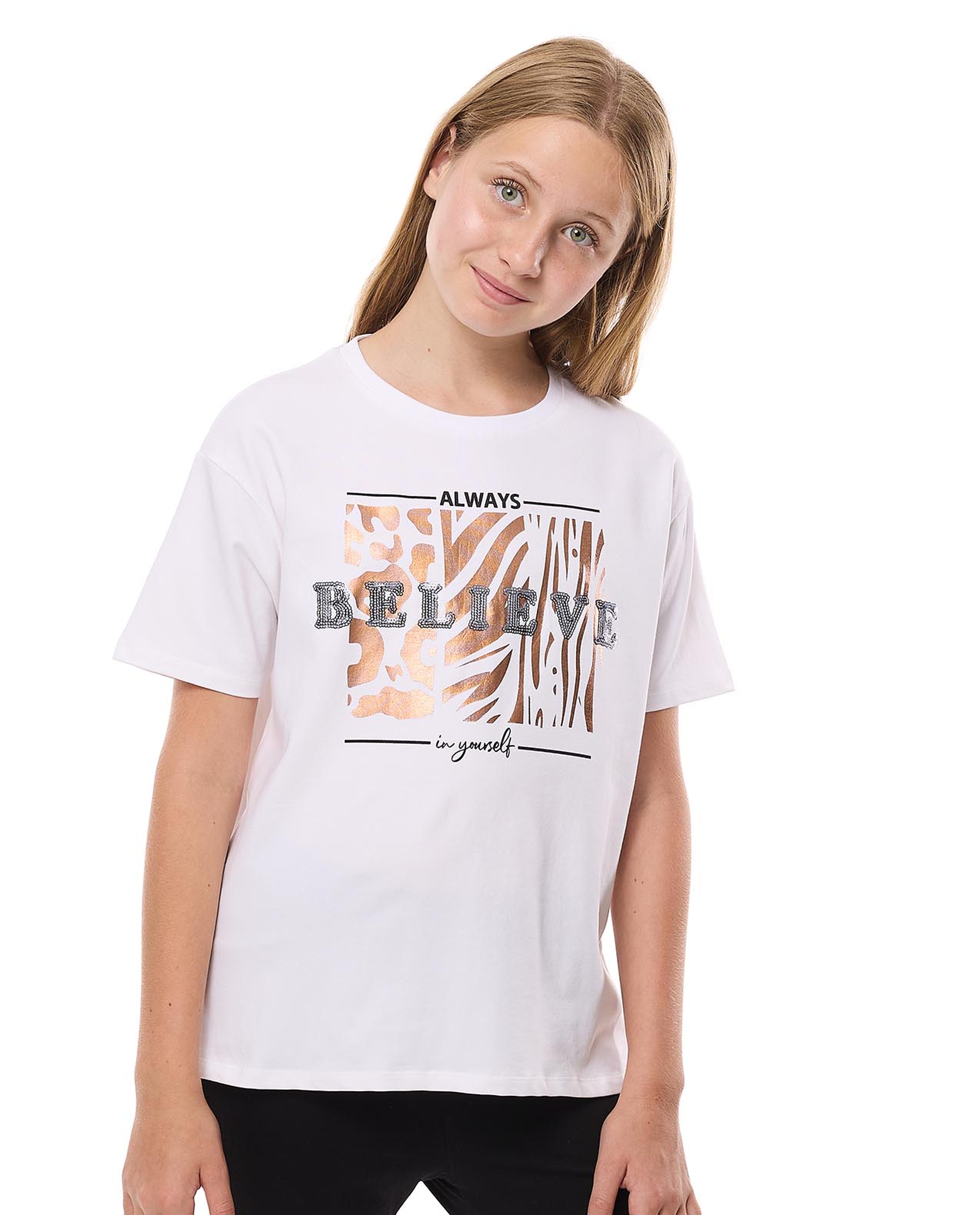 Sequined T-Shirt with Crew Neck and Short Sleeves