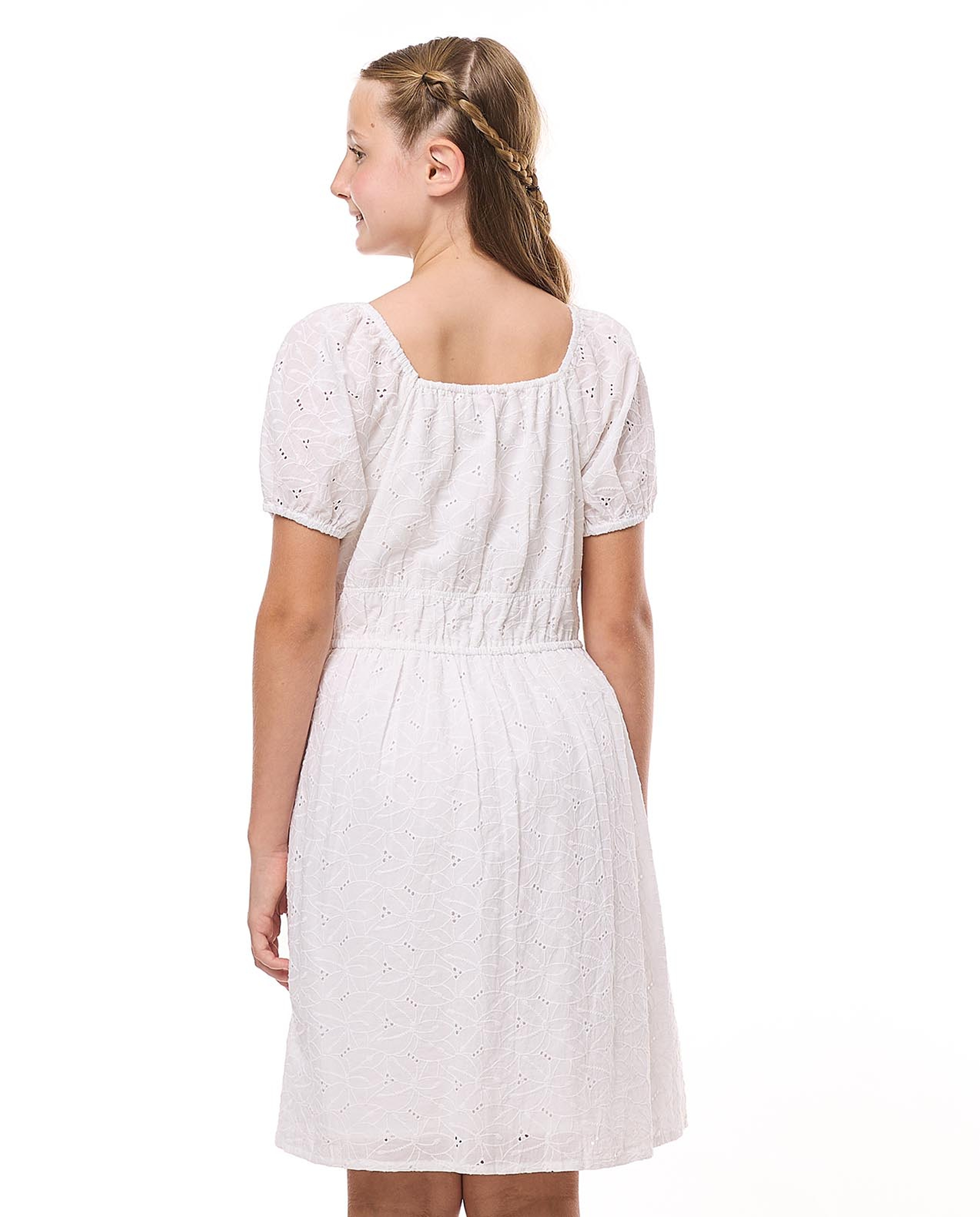 Schiffli Dress with Square Neck and Puff Sleeves