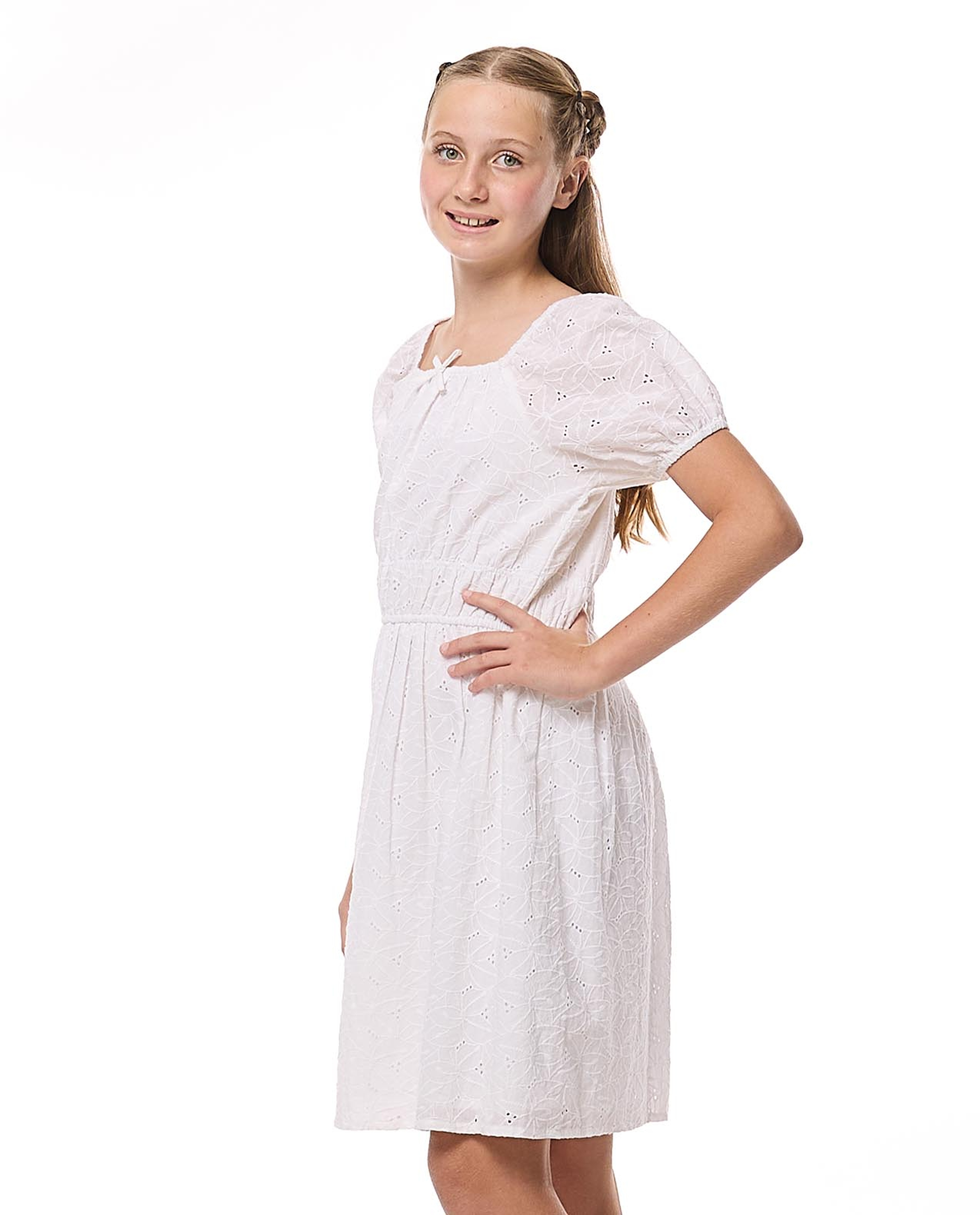 Schiffli Dress with Square Neck and Puff Sleeves