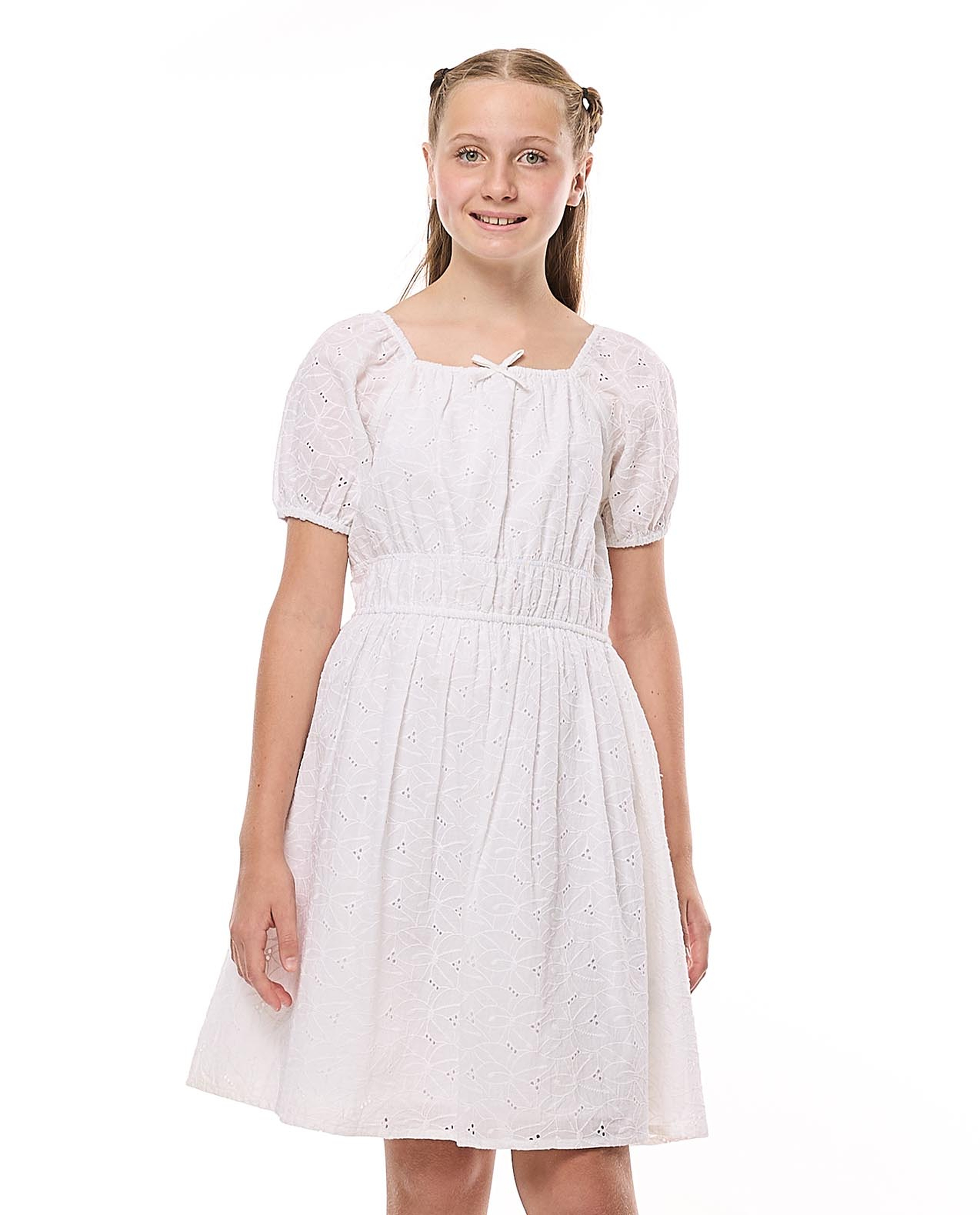 Schiffli Dress with Square Neck and Puff Sleeves