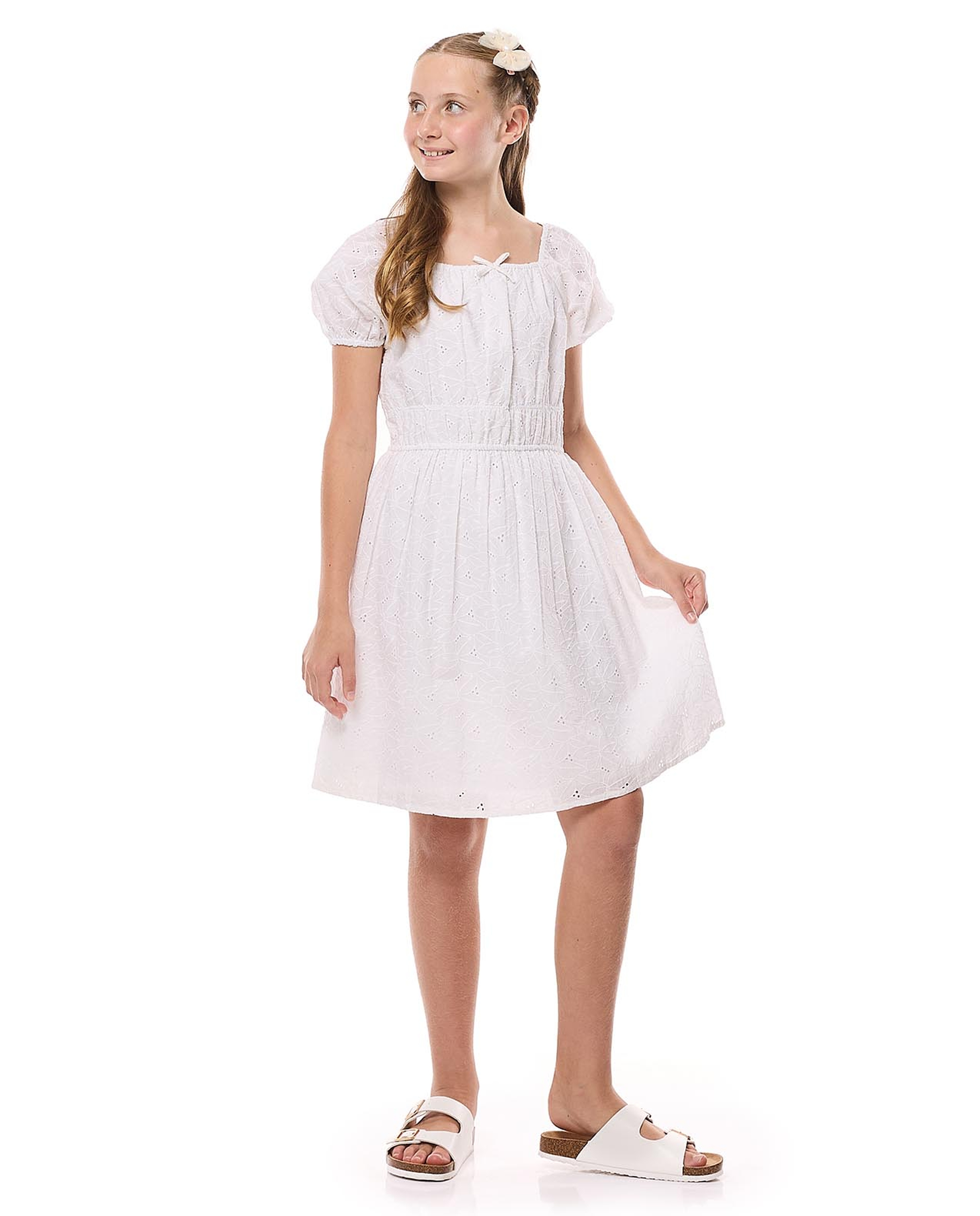 Schiffli Dress with Square Neck and Puff Sleeves