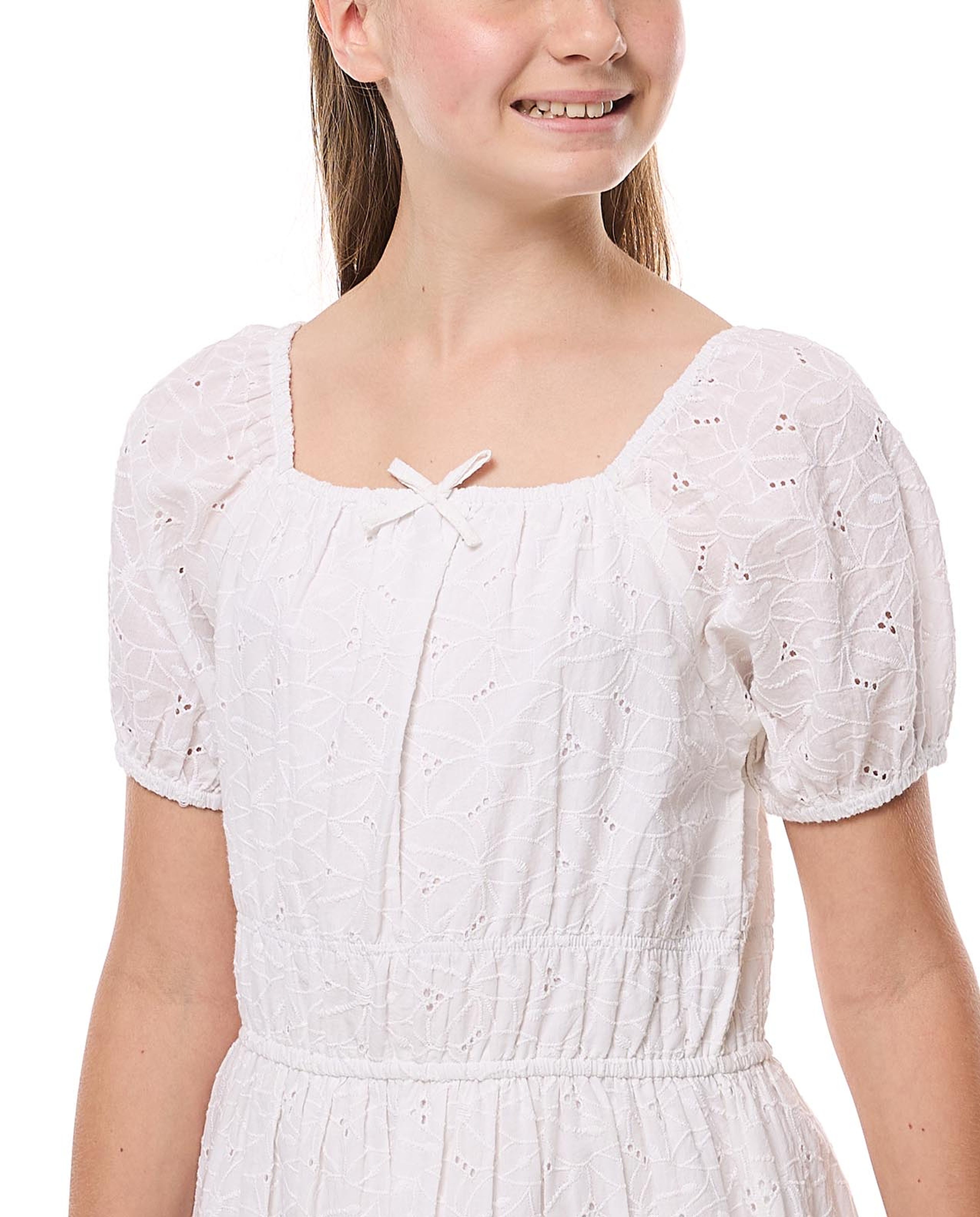 Schiffli Dress with Square Neck and Puff Sleeves