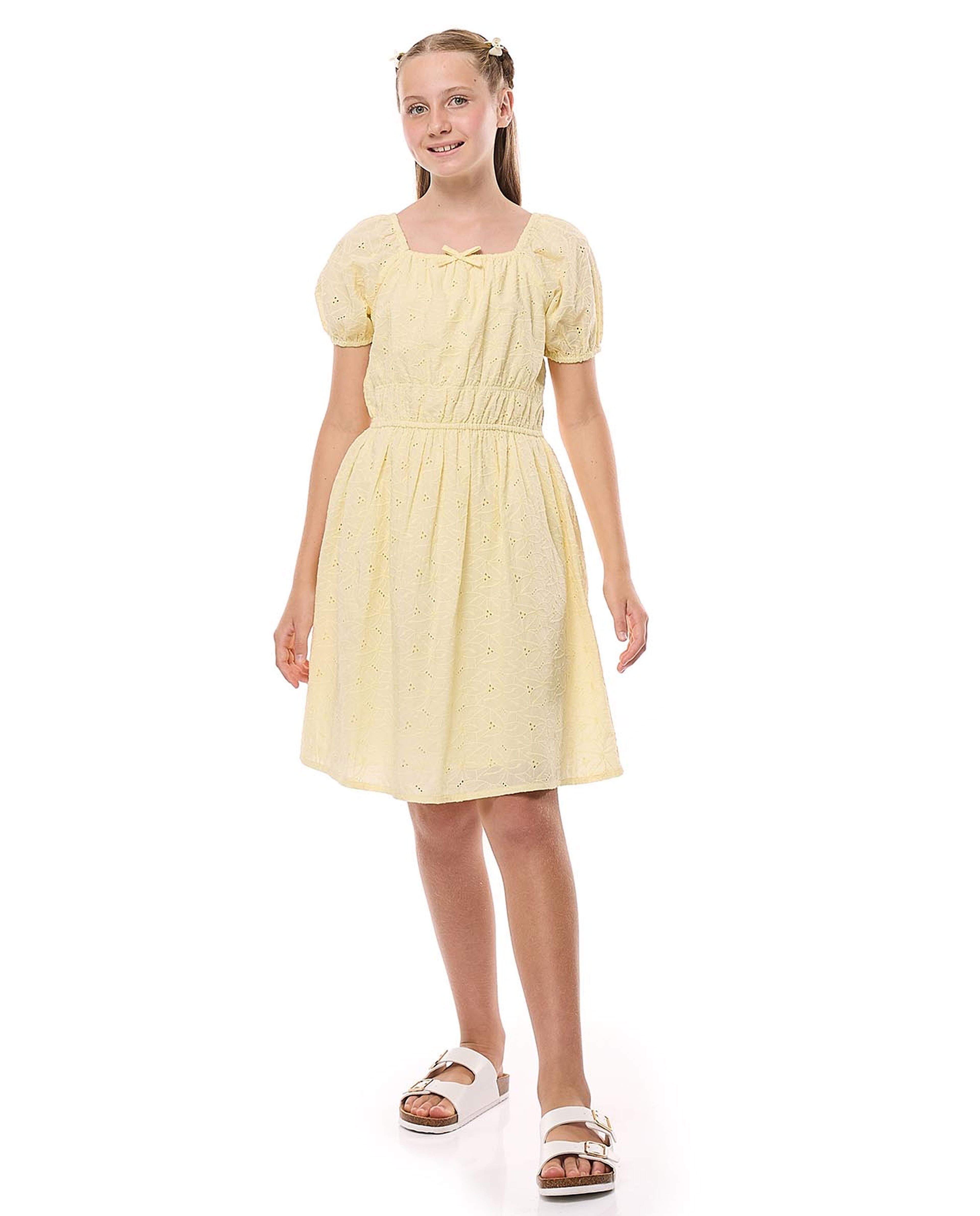 Schiffli Dress with Square Neck and Puff Sleeves