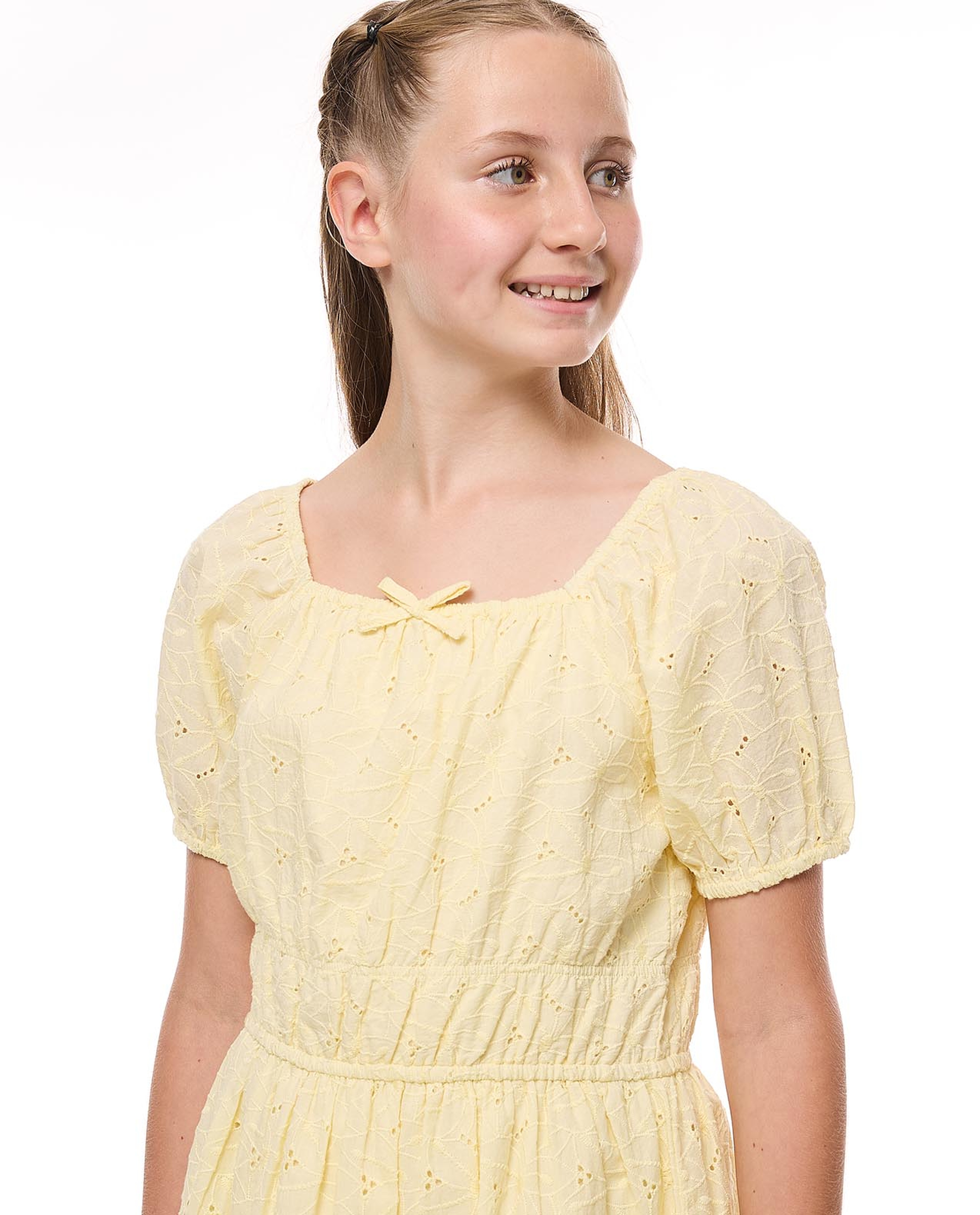 Schiffli Dress with Square Neck and Puff Sleeves