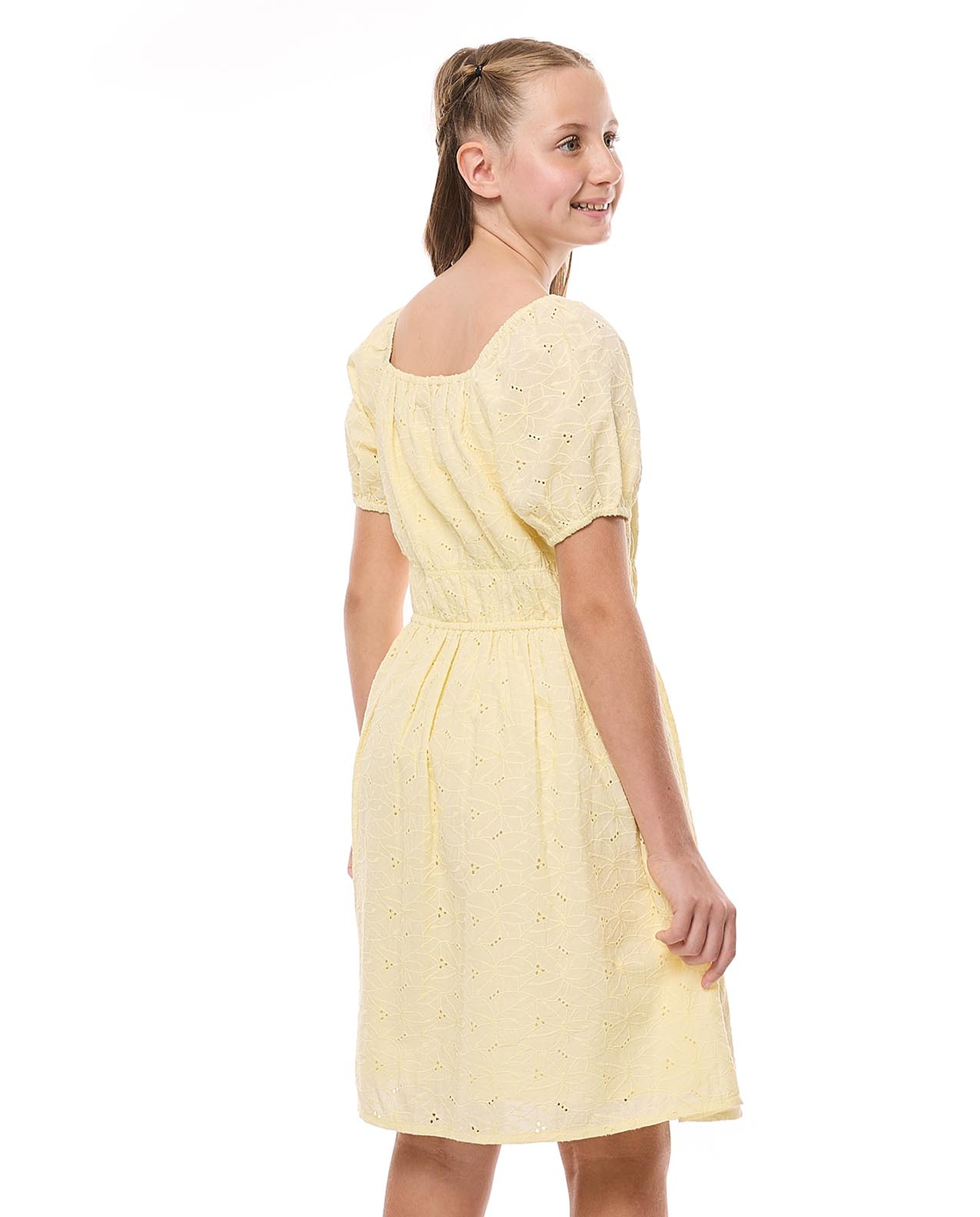 Schiffli Dress with Square Neck and Puff Sleeves