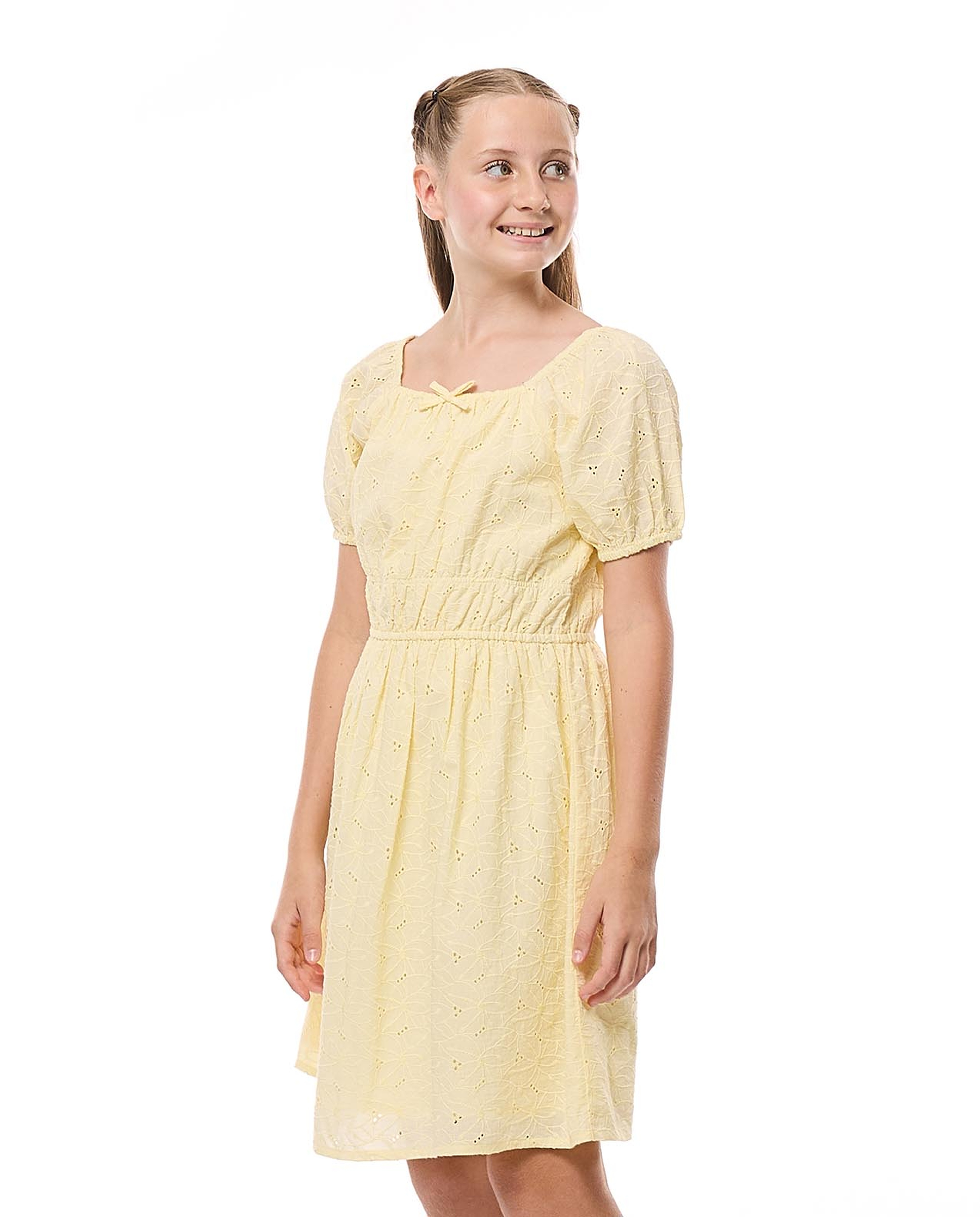 Schiffli Dress with Square Neck and Puff Sleeves