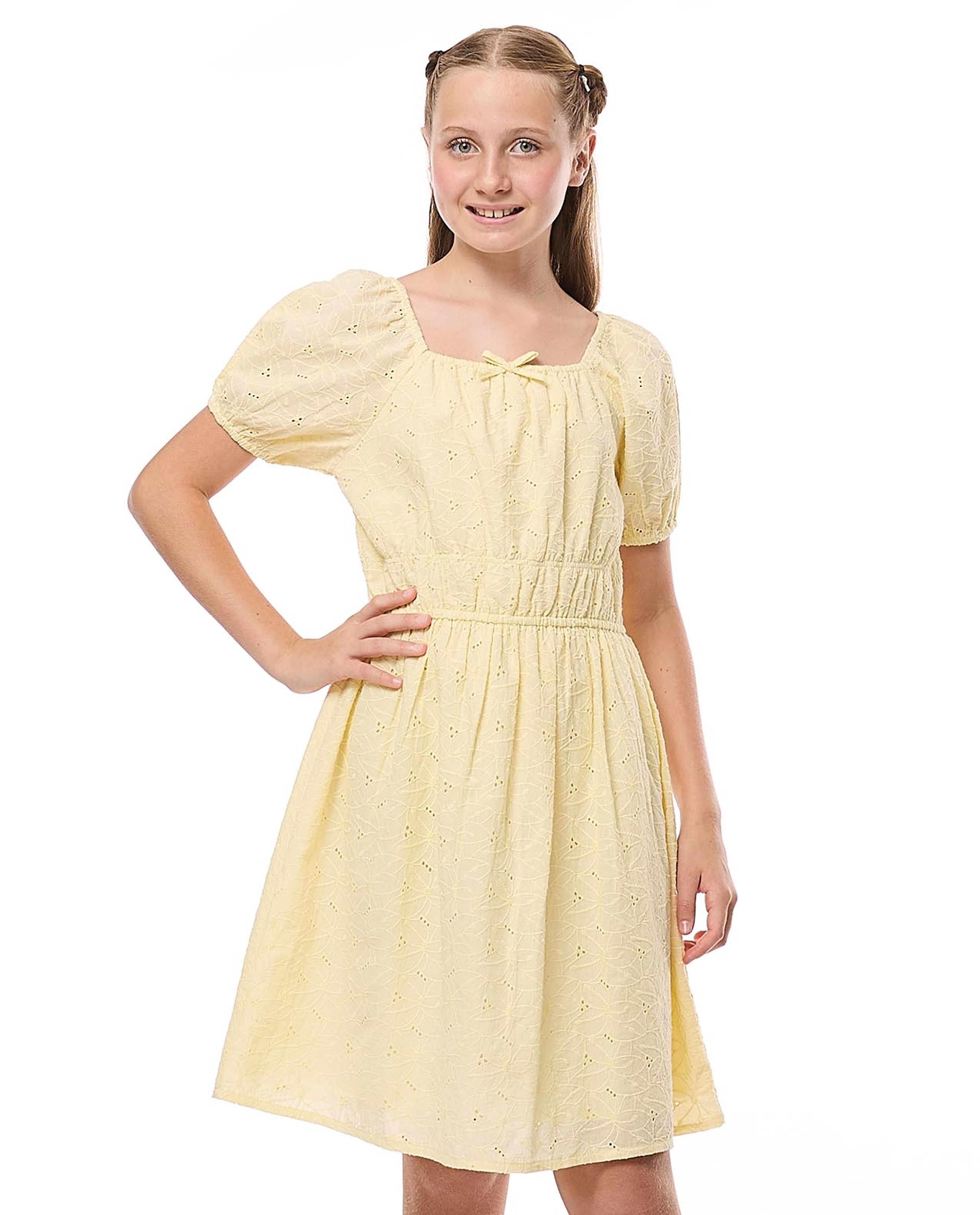 Schiffli Dress with Square Neck and Puff Sleeves