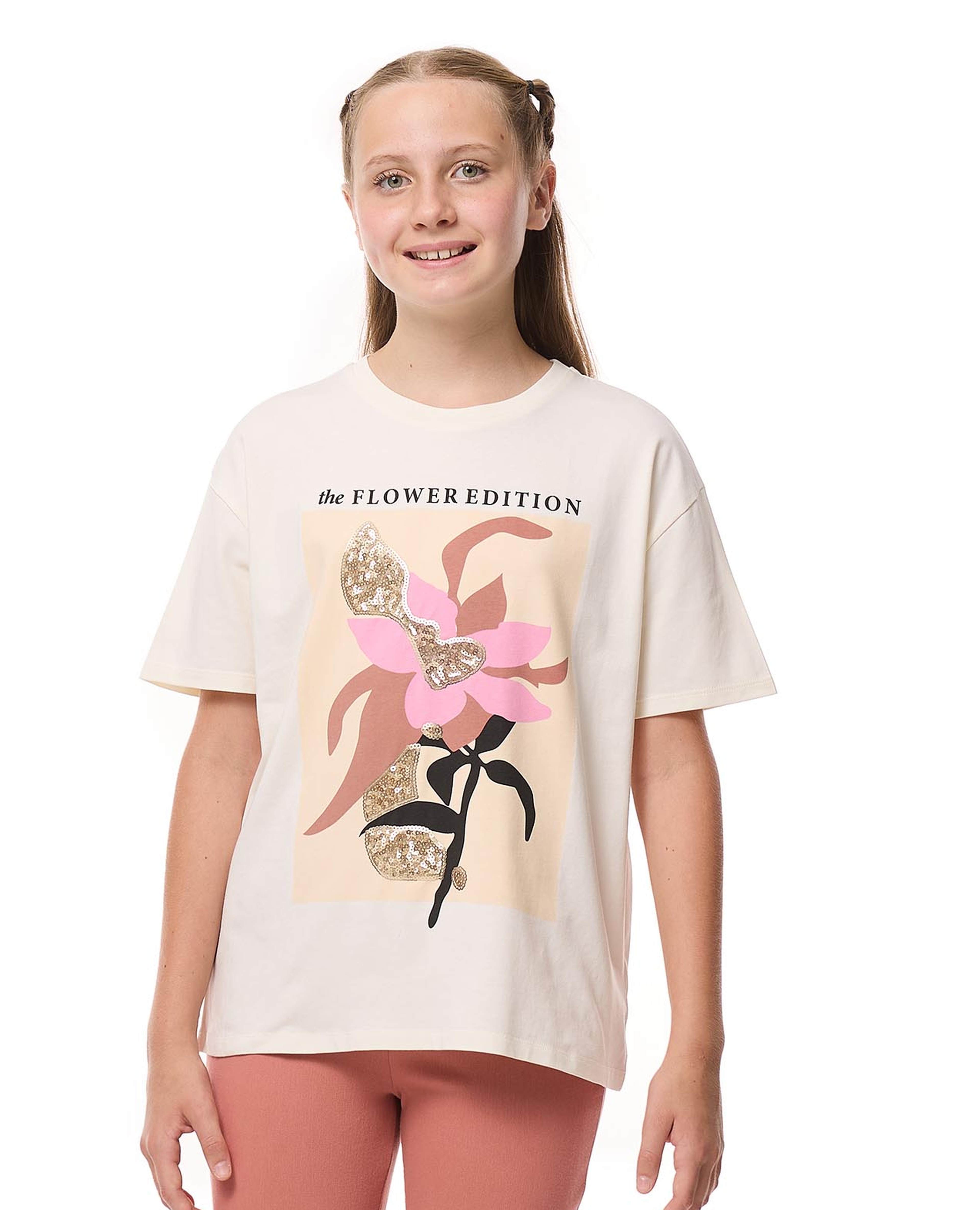 Sequined T-Shirt with Crew Neck and Short Sleeves