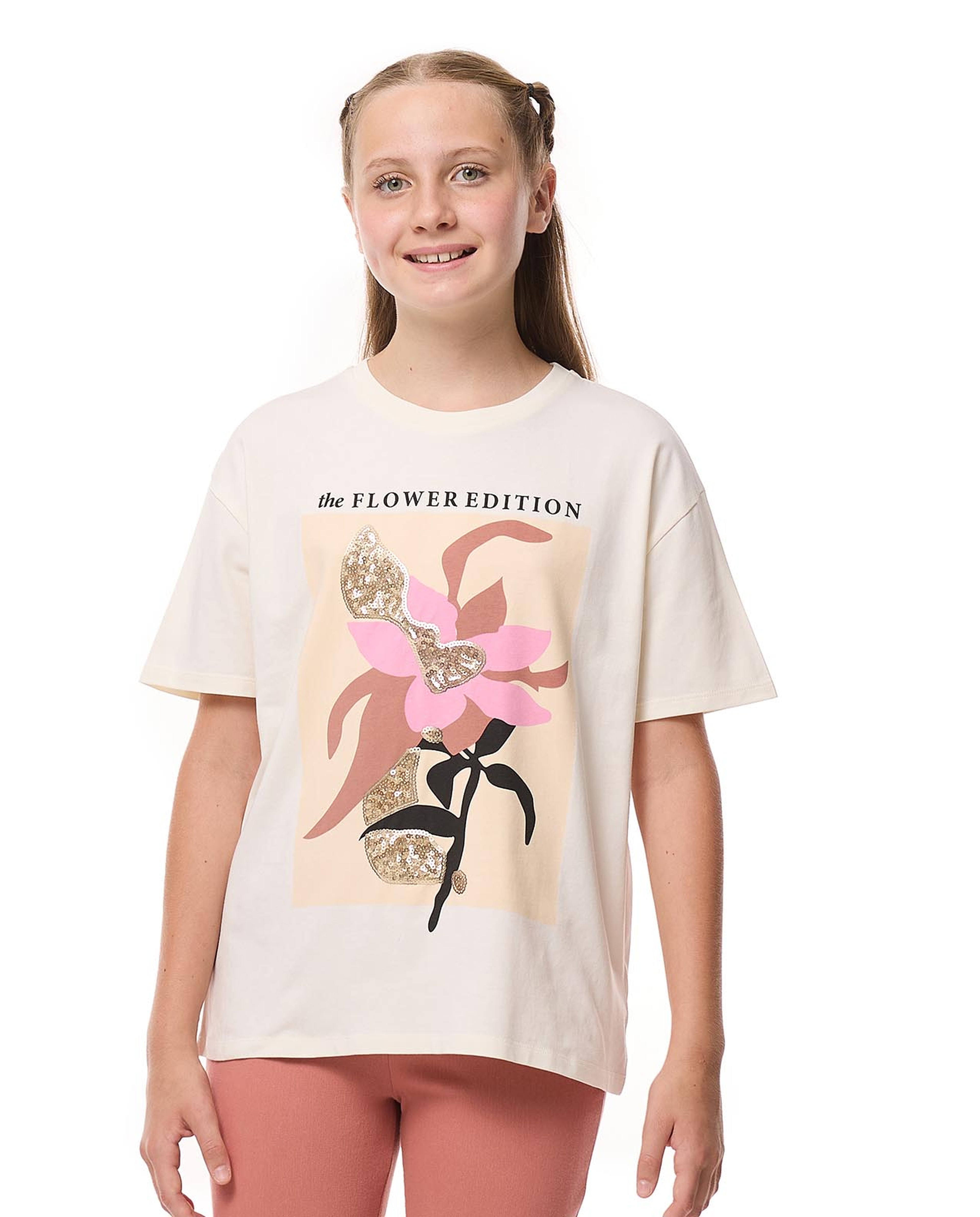 Sequined T-Shirt with Crew Neck and Short Sleeves