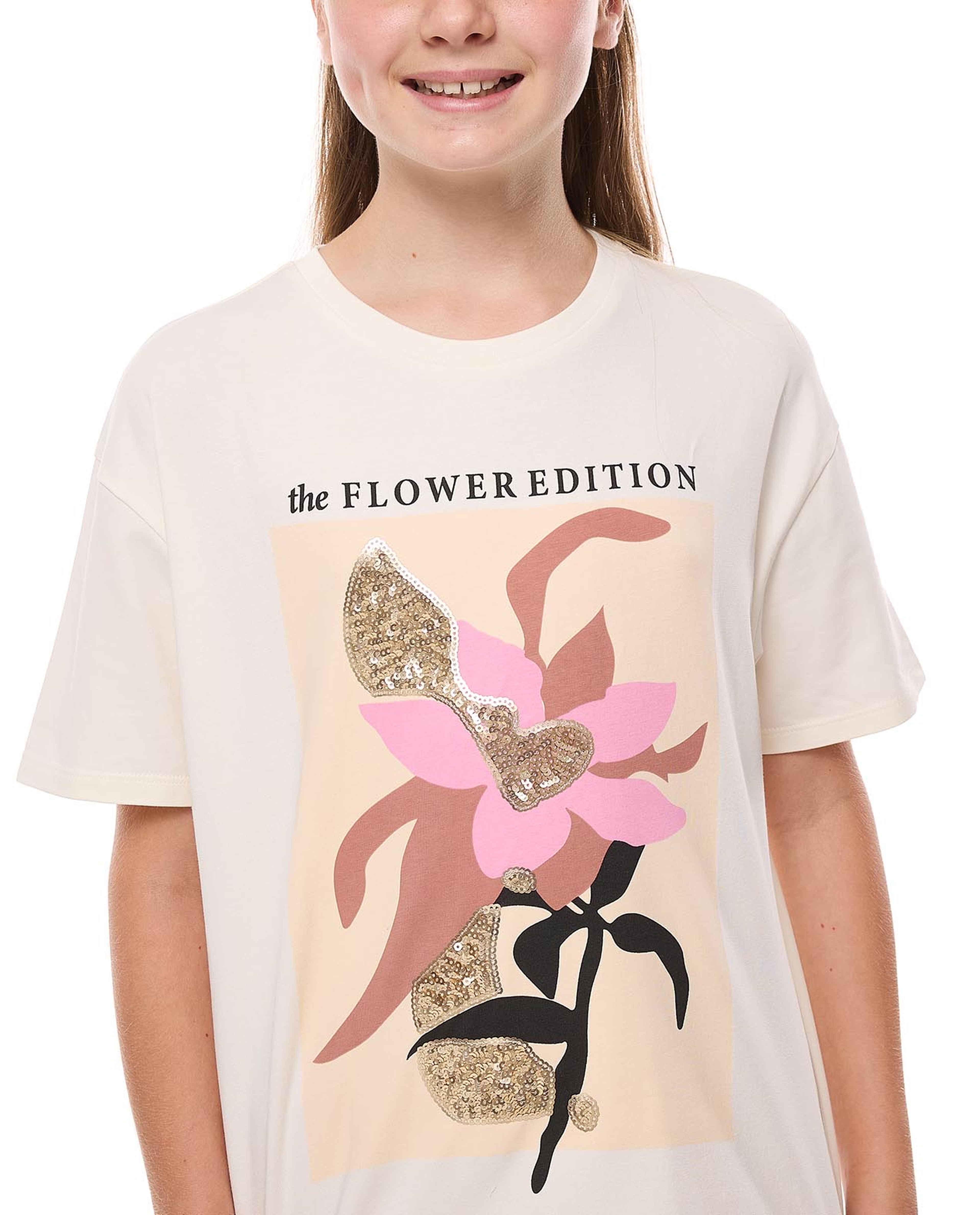 Sequined T-Shirt with Crew Neck and Short Sleeves