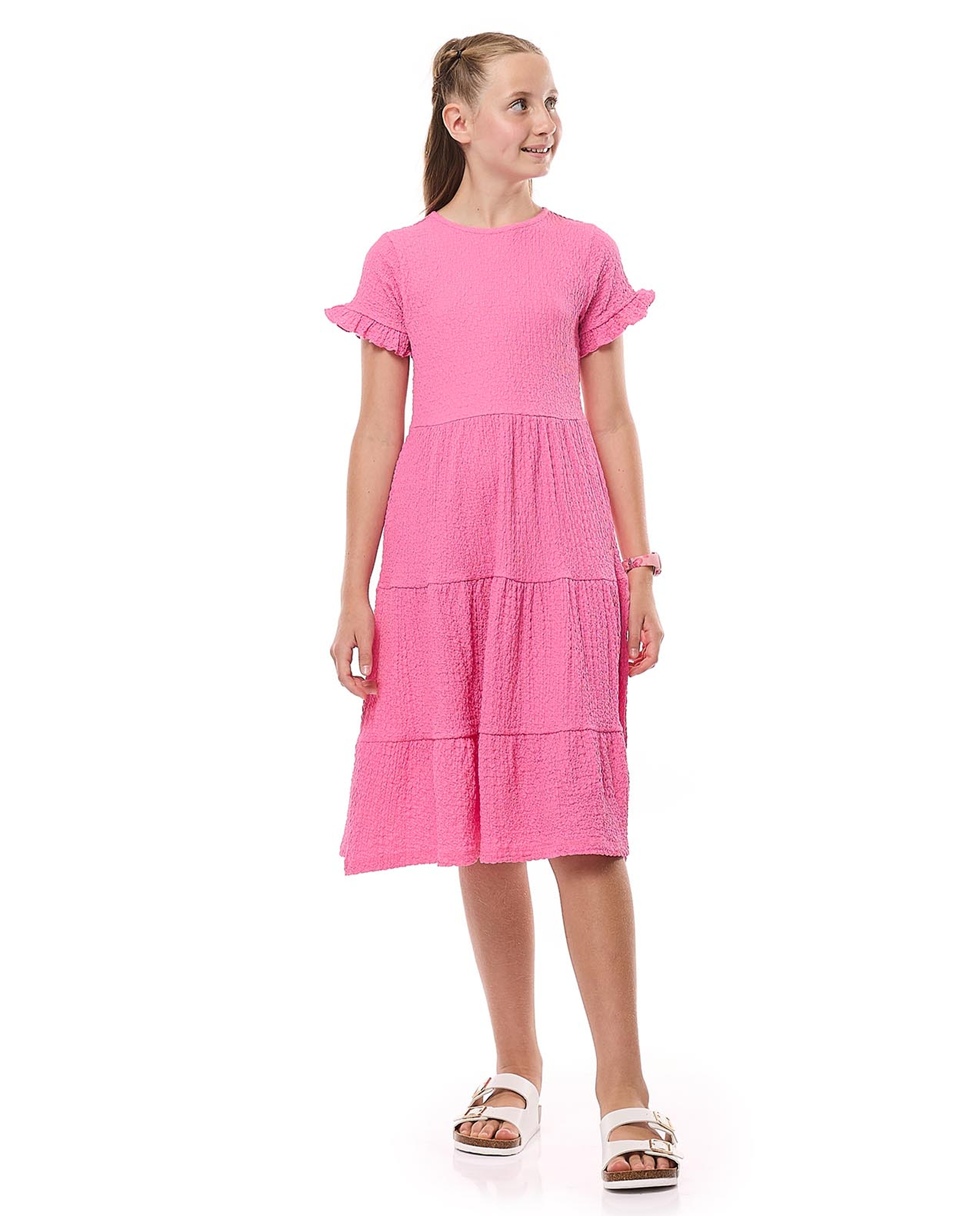 Textured Tiered Dress with Crew Neck and Short Sleeves