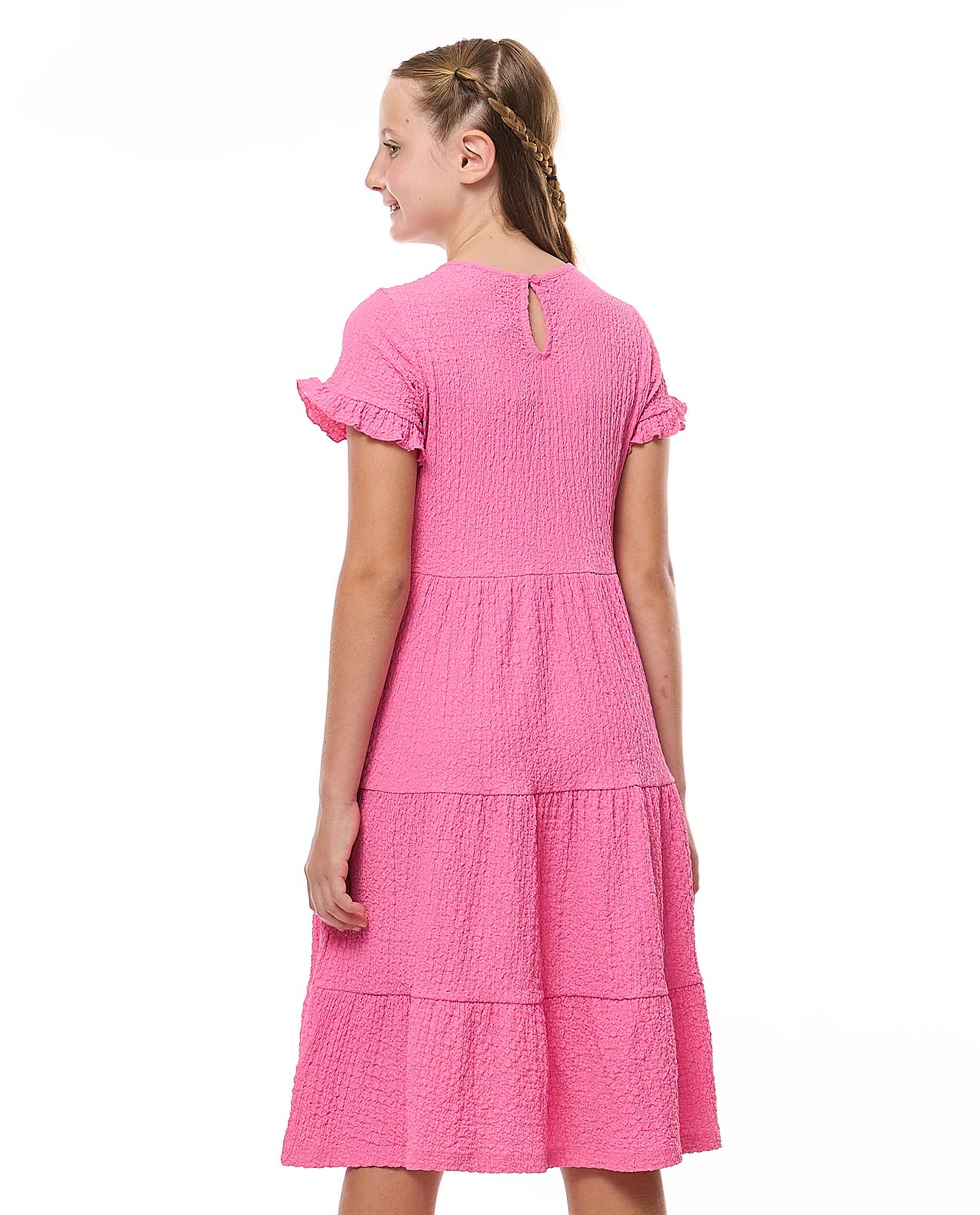 Textured Tiered Dress with Crew Neck and Short Sleeves