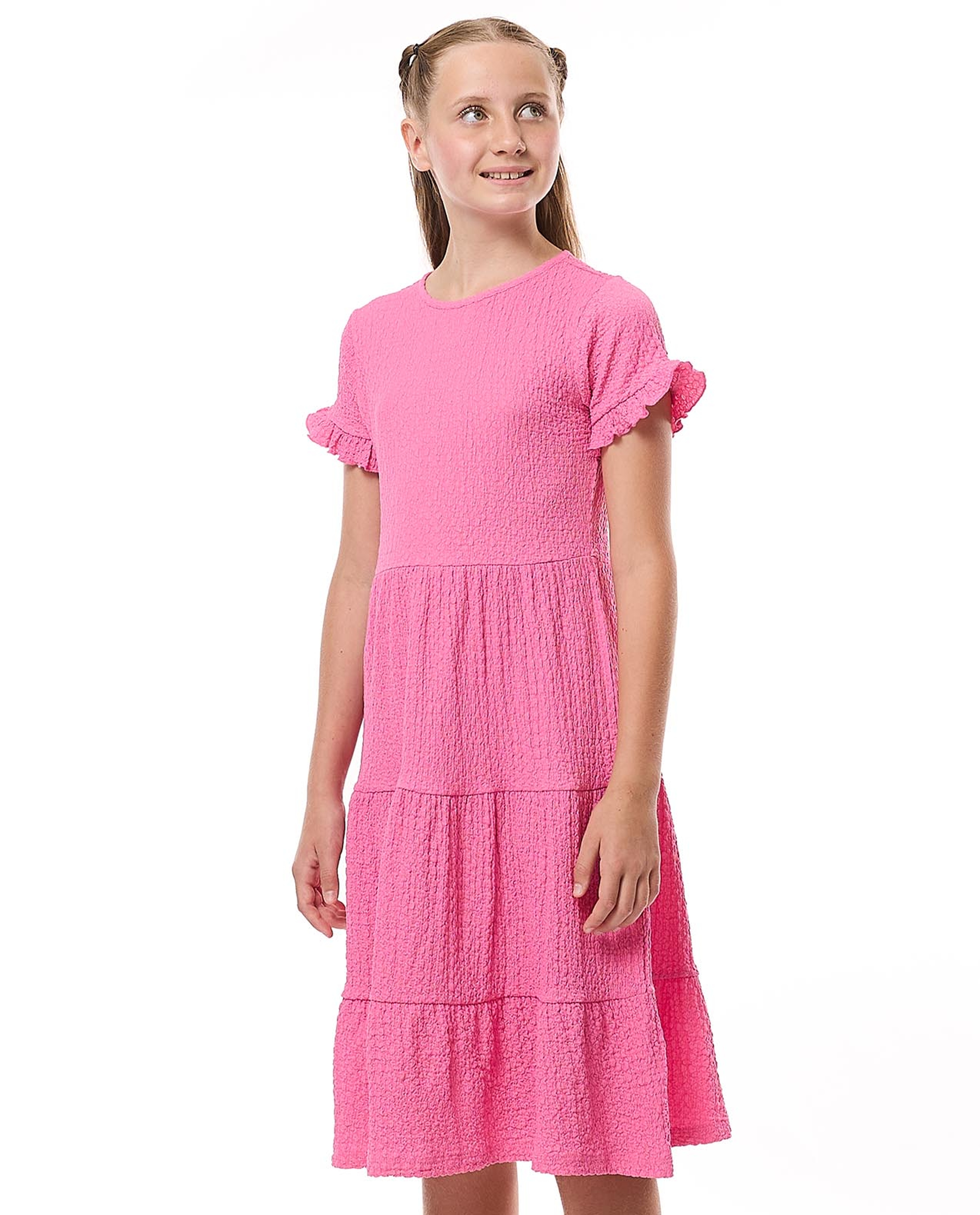Textured Tiered Dress with Crew Neck and Short Sleeves