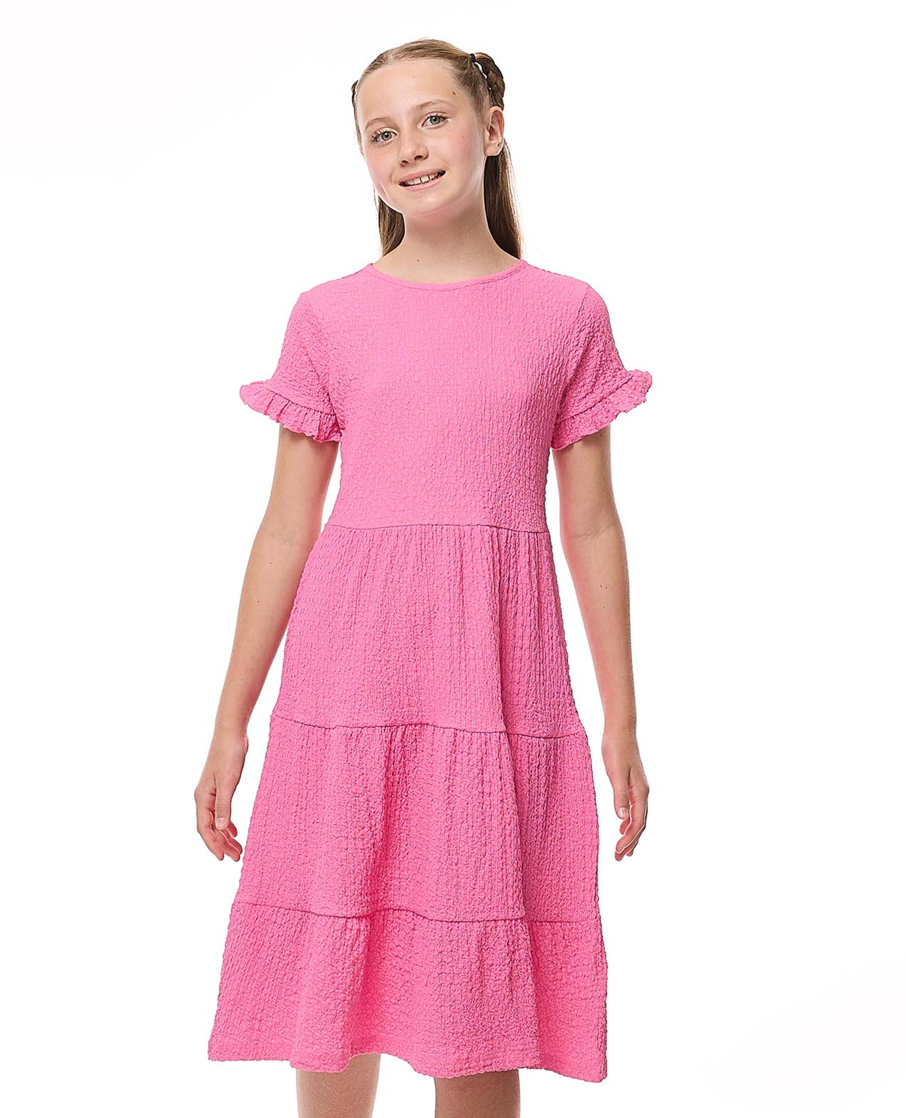 Textured Tiered Dress with Crew Neck and Short Sleeves