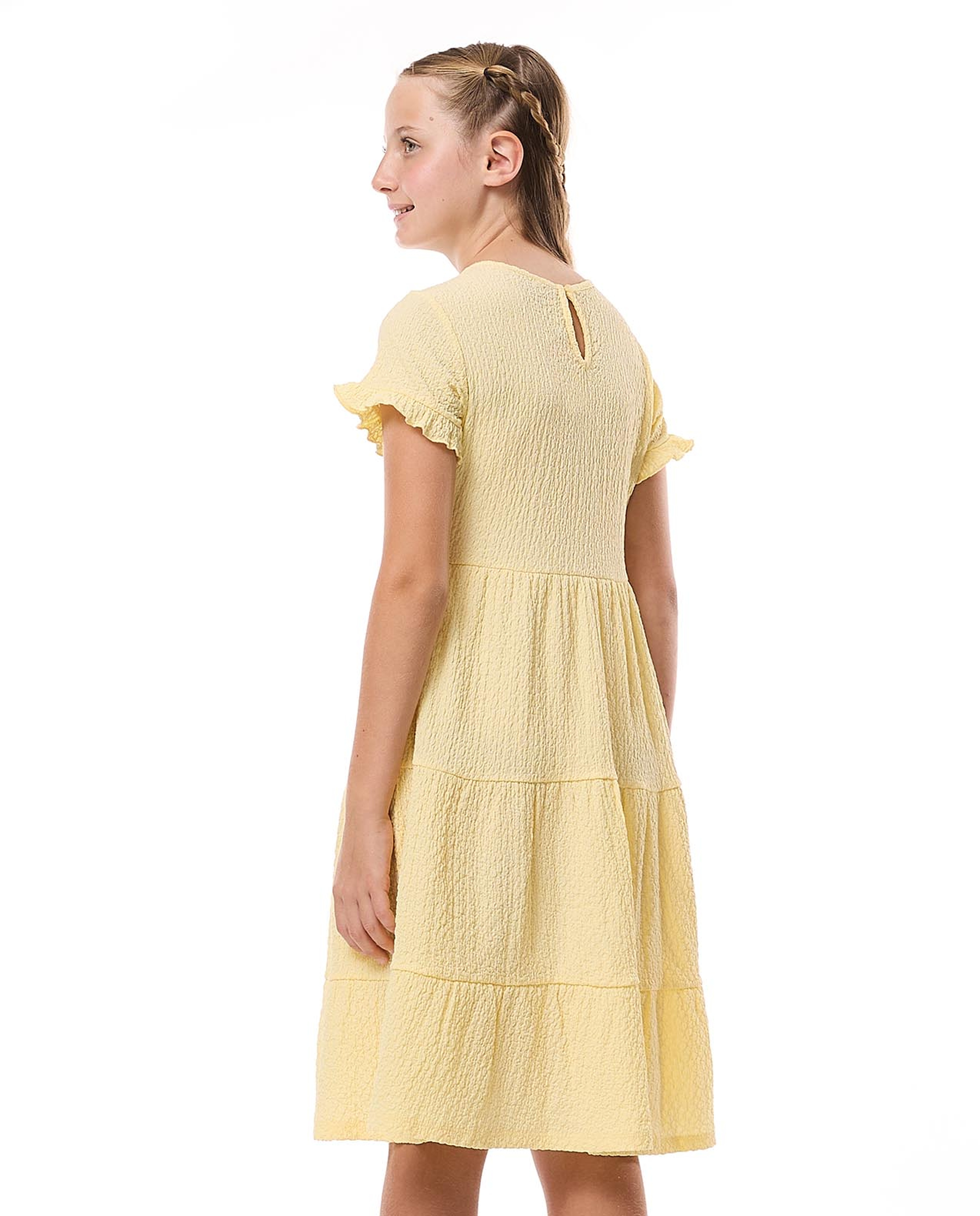 Textured Tiered Dress with Crew Neck and Short Sleeves