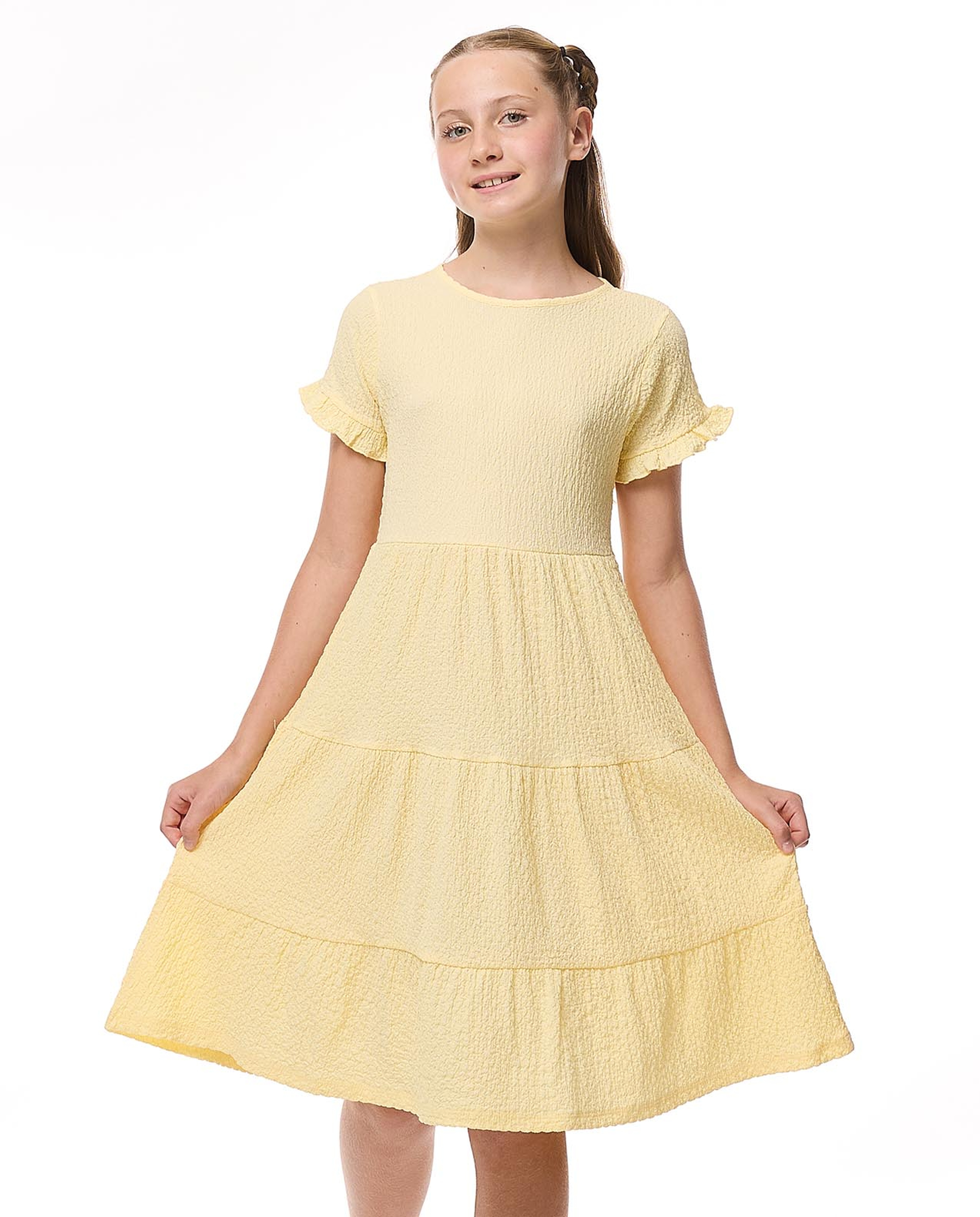 Textured Tiered Dress with Crew Neck and Short Sleeves