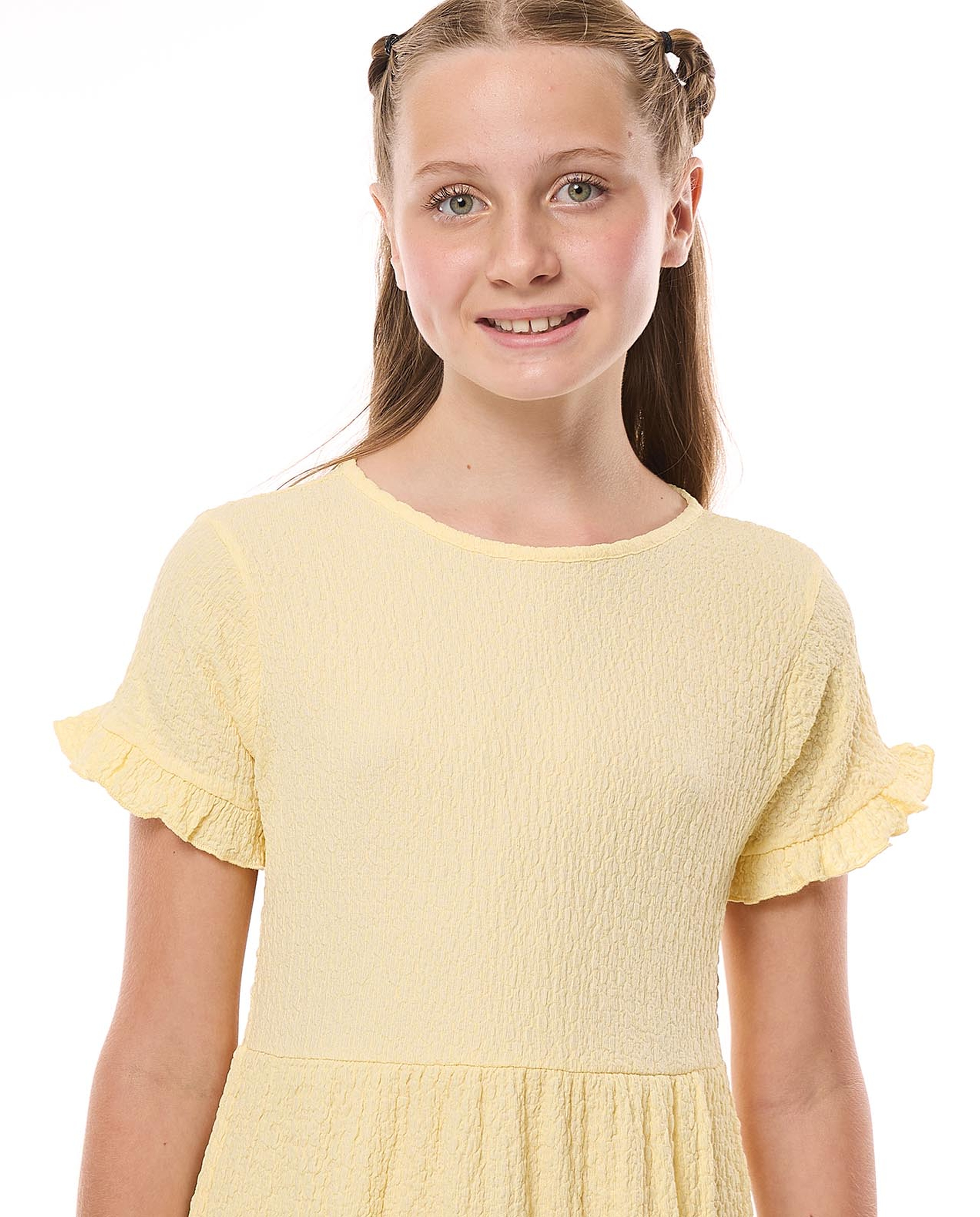 Textured Tiered Dress with Crew Neck and Short Sleeves