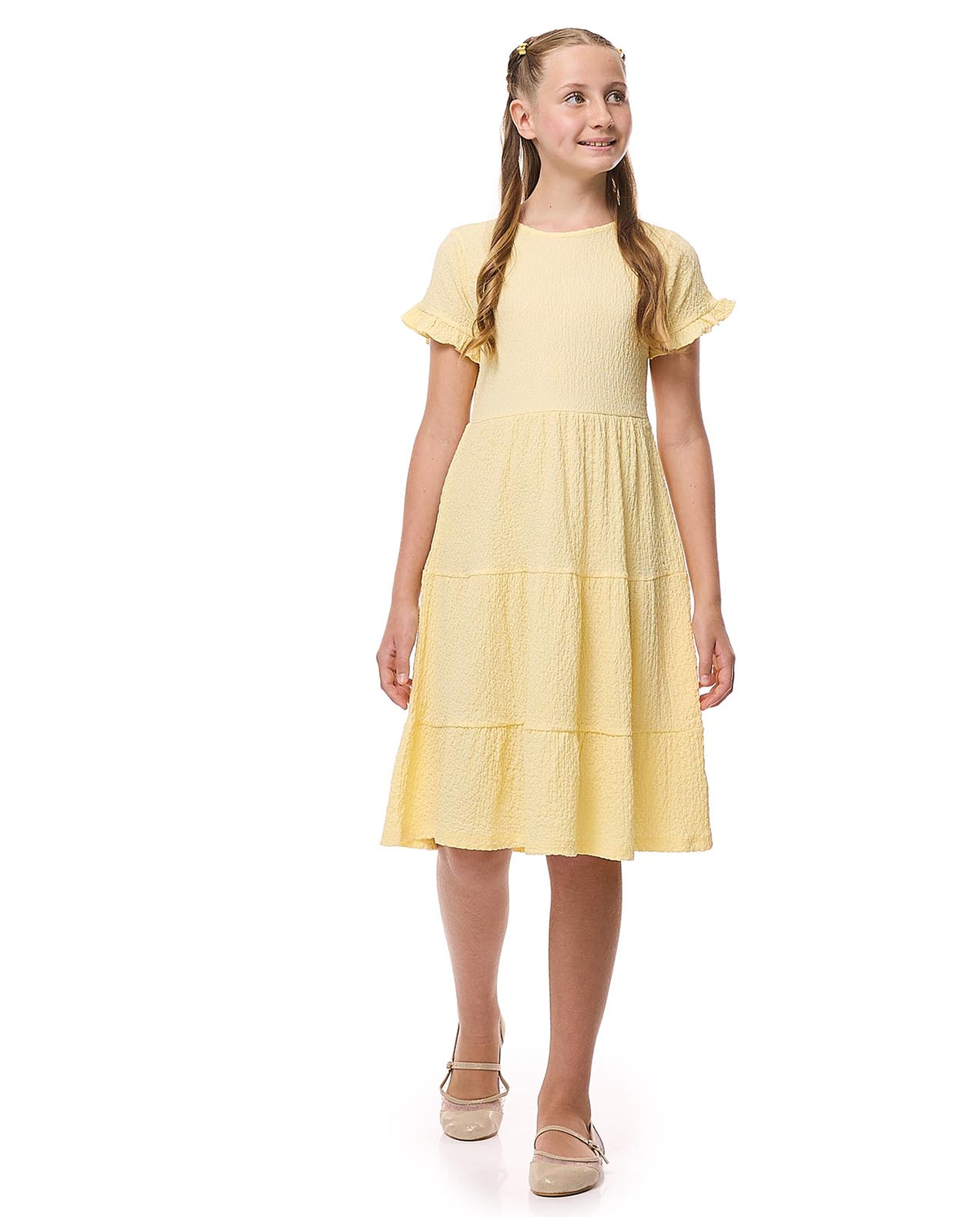 Textured Tiered Dress with Crew Neck and Short Sleeves