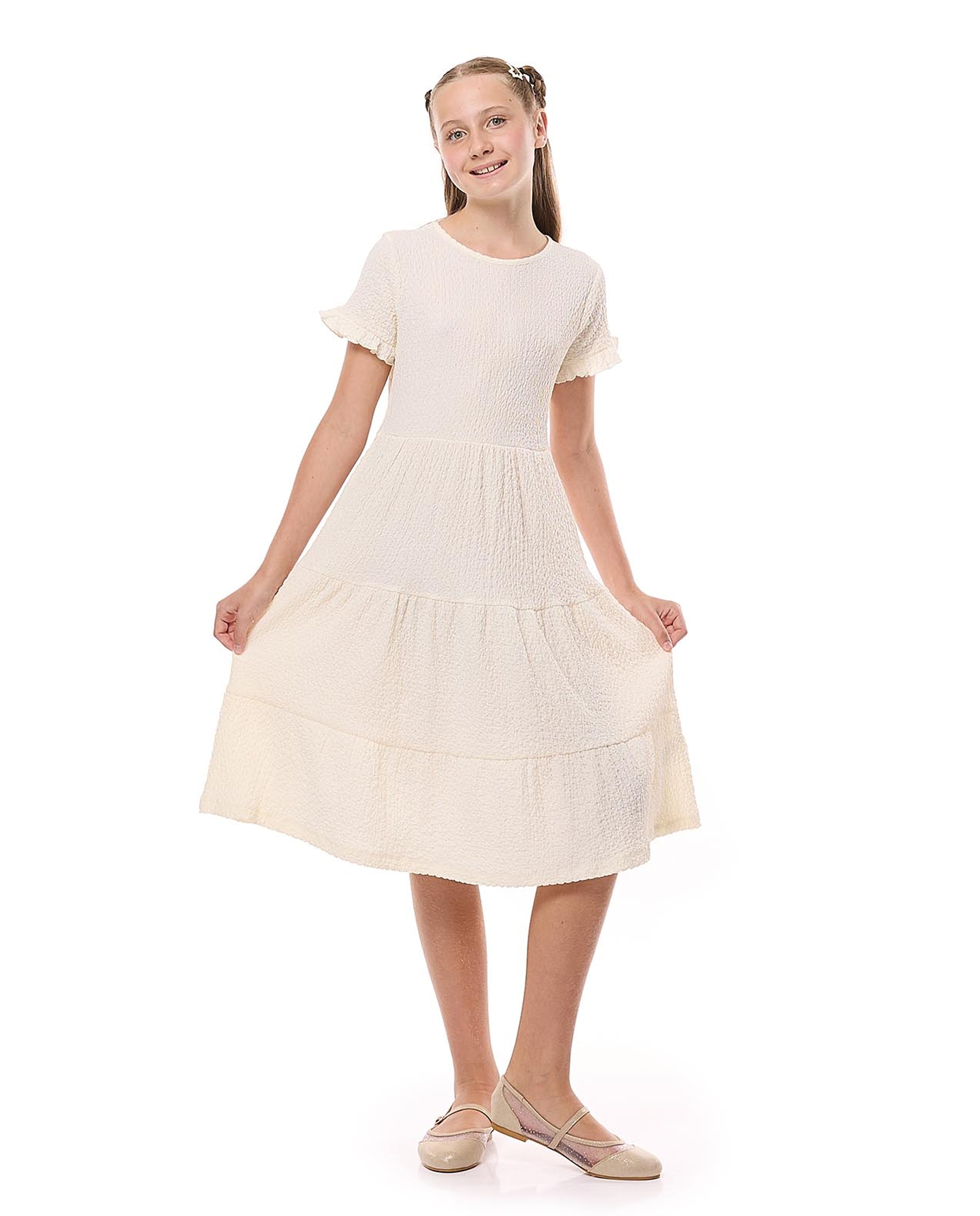 Textured Tiered Dress with Crew Neck and Short Sleeves
