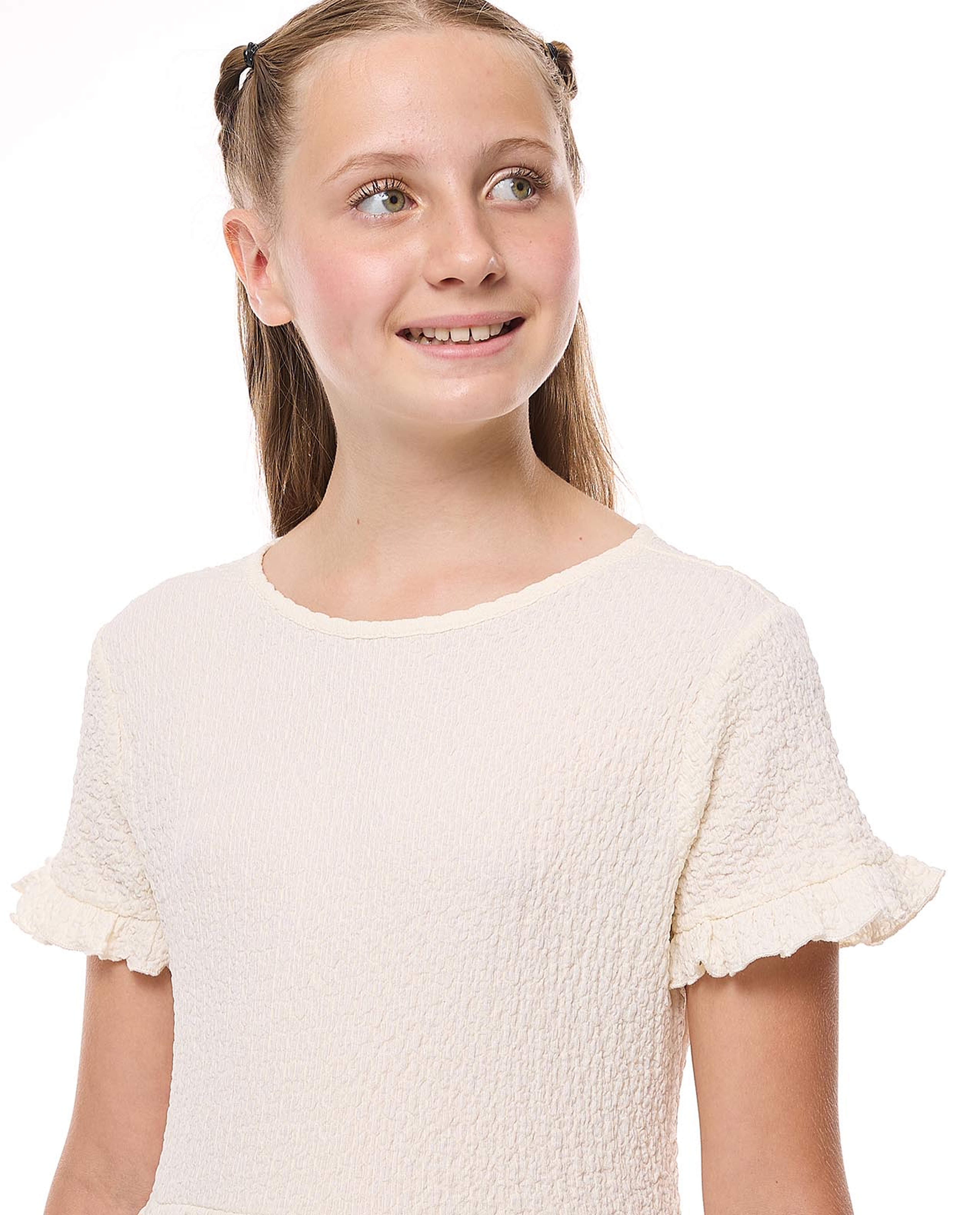 Textured Tiered Dress with Crew Neck and Short Sleeves