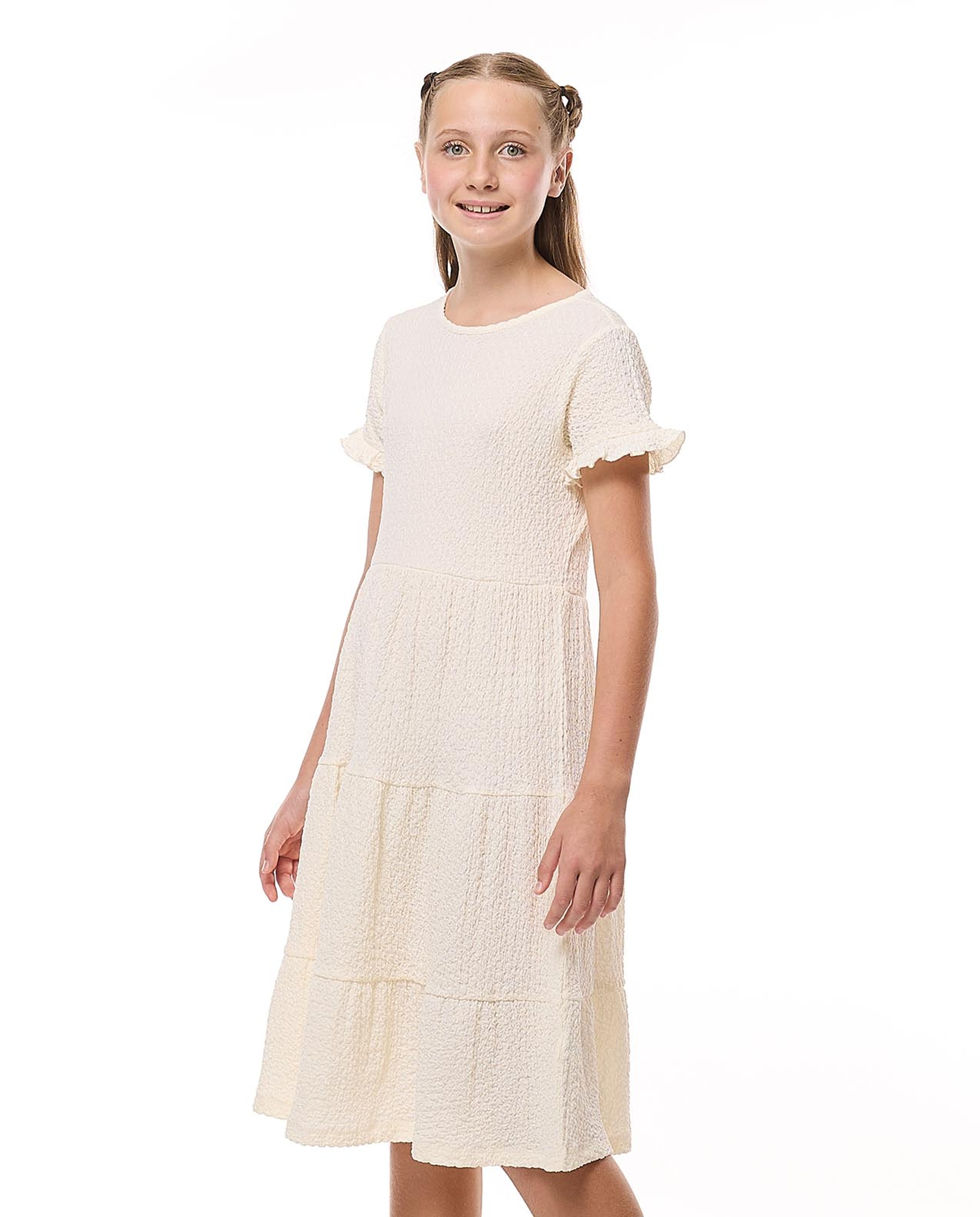 Textured Tiered Dress with Crew Neck and Short Sleeves