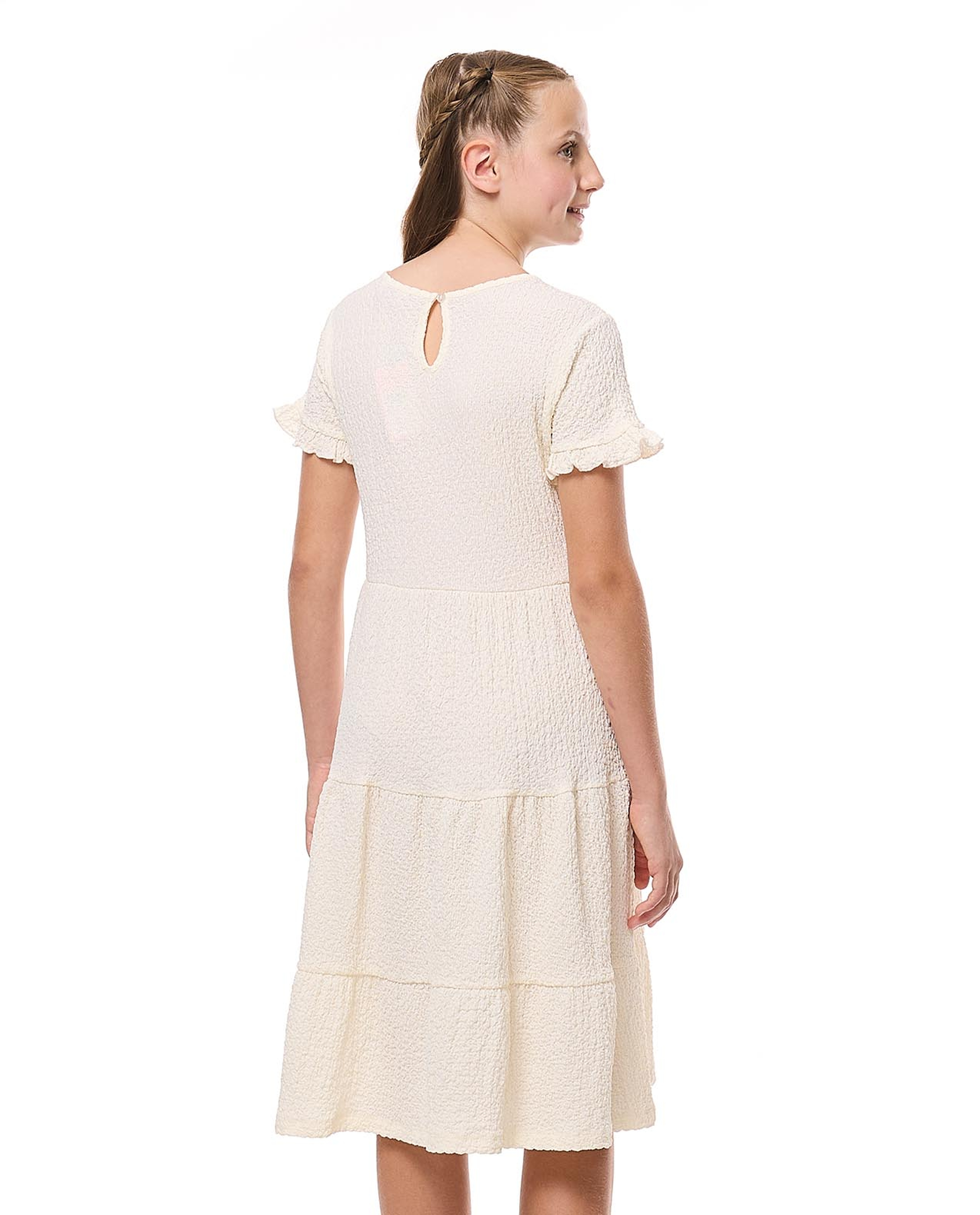 Textured Tiered Dress with Crew Neck and Short Sleeves