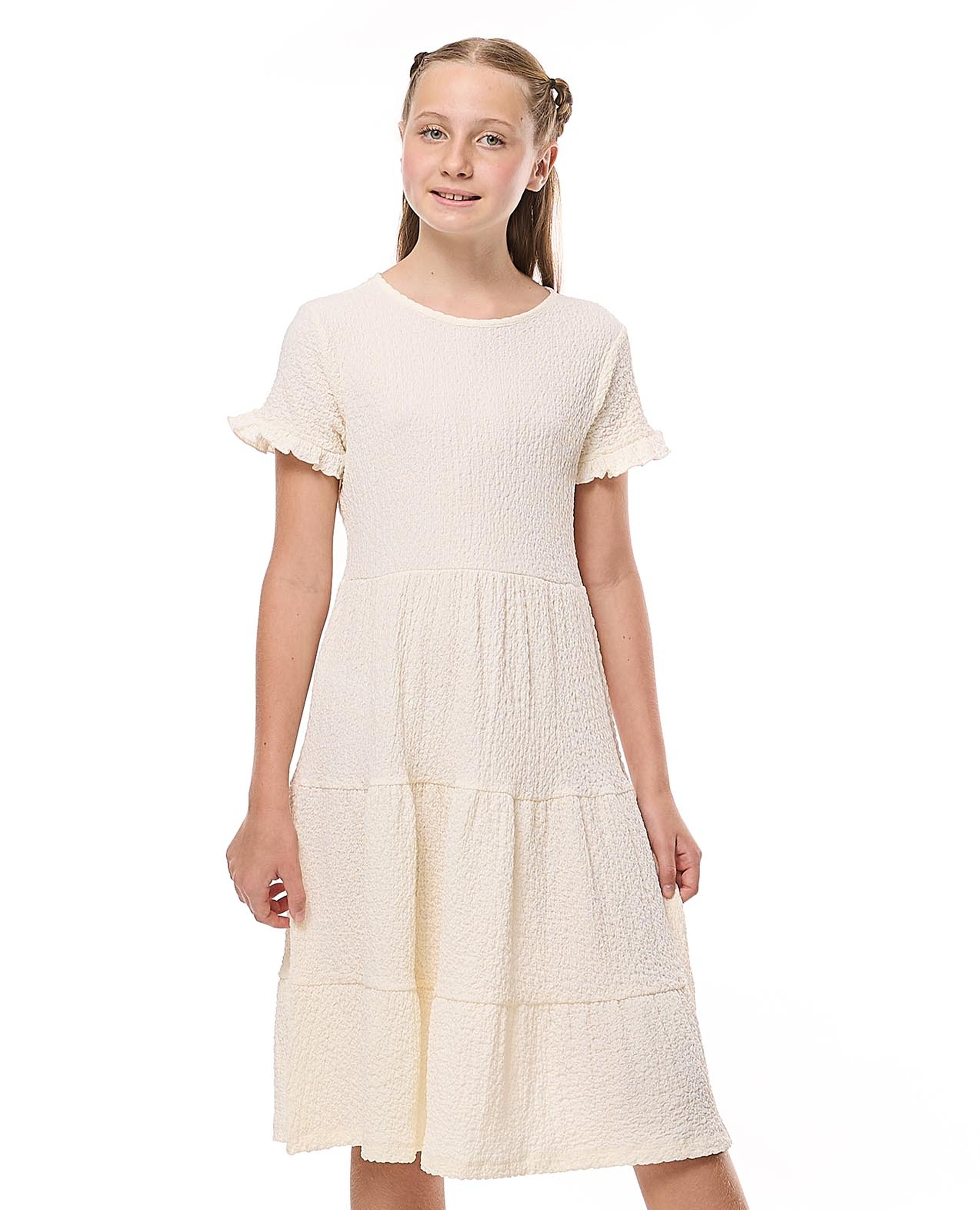 Textured Tiered Dress with Crew Neck and Short Sleeves
