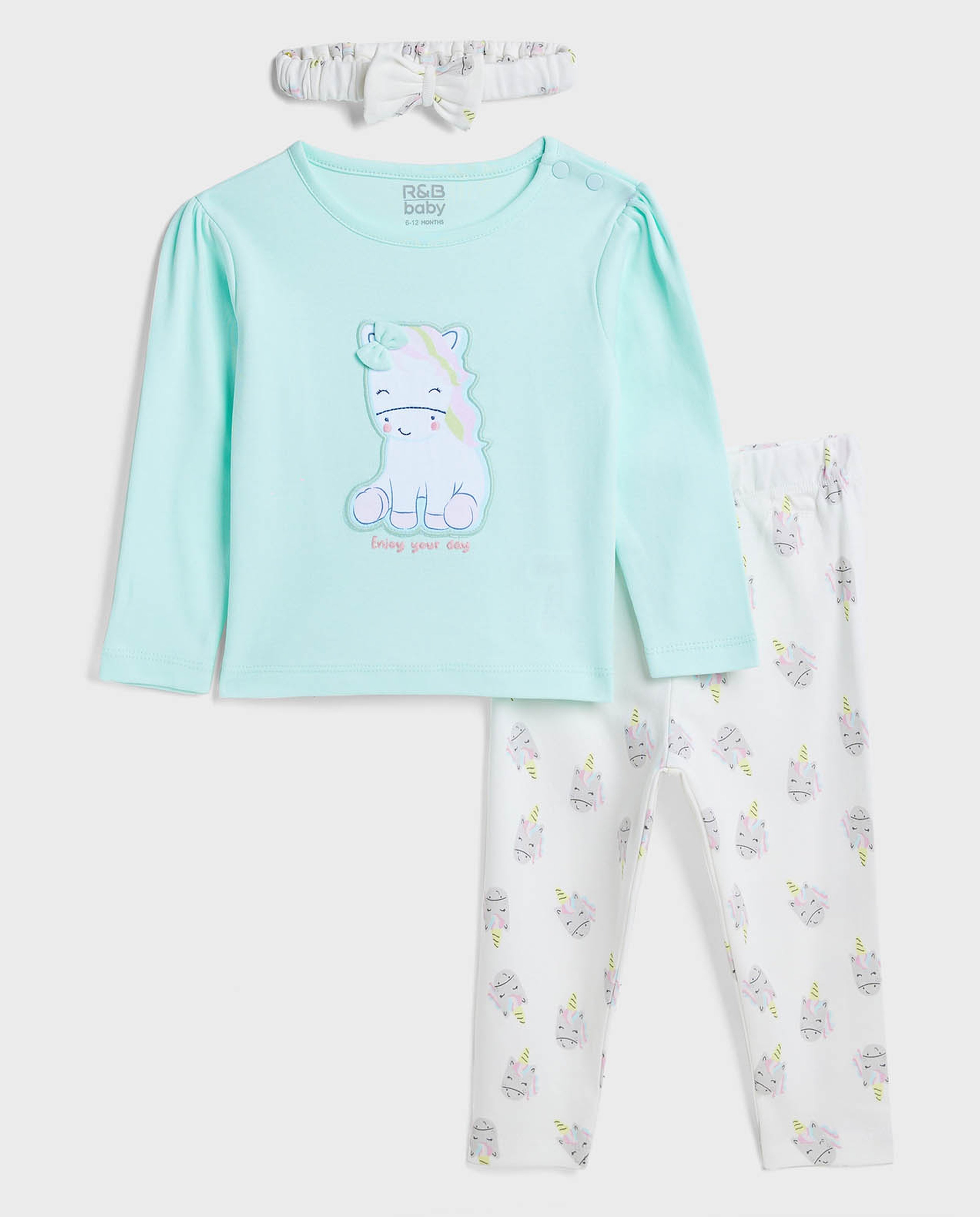 Appliqued Top and Printed Pant Set with Headband