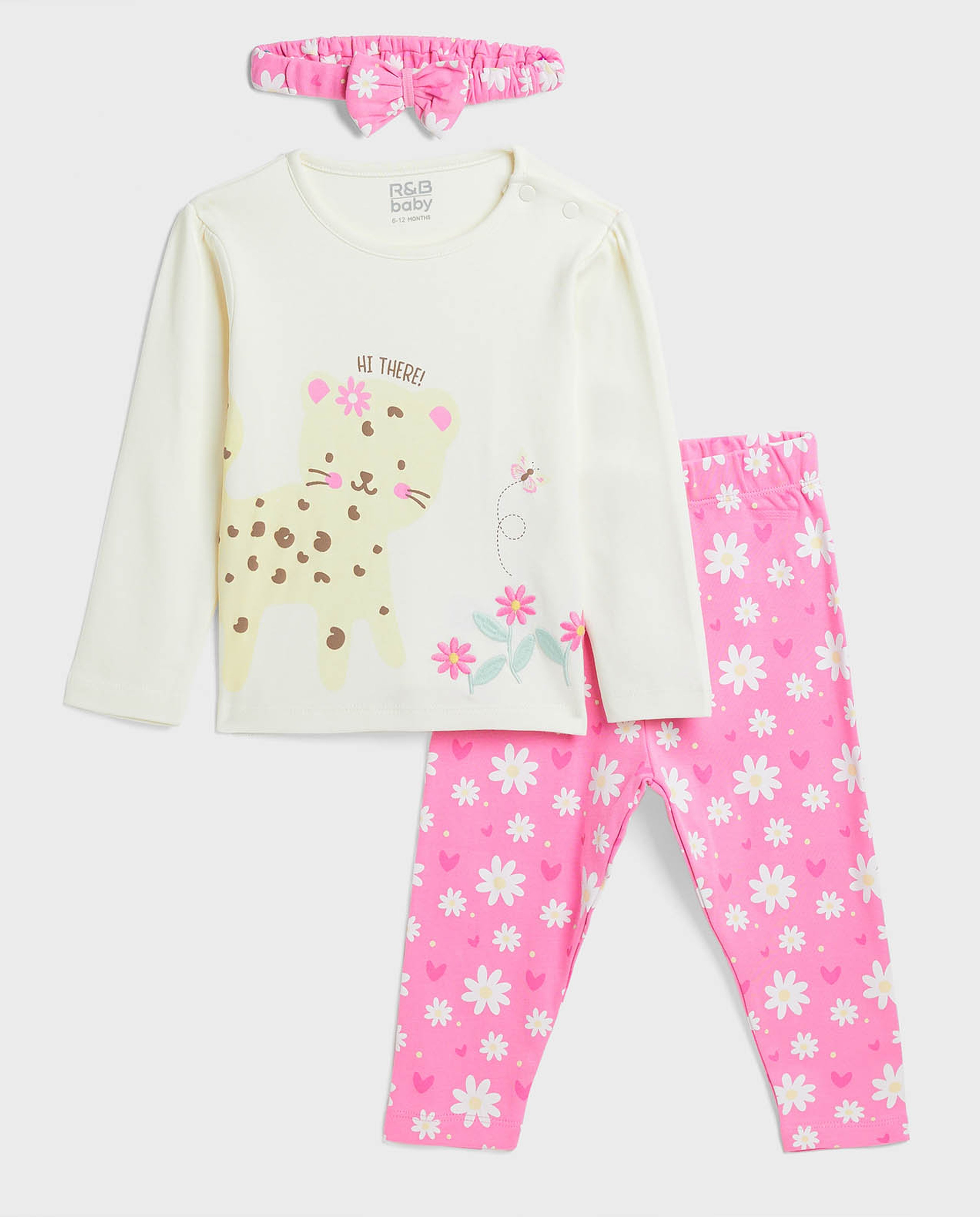 Embroidered Top and Printed Pant Set with Headband