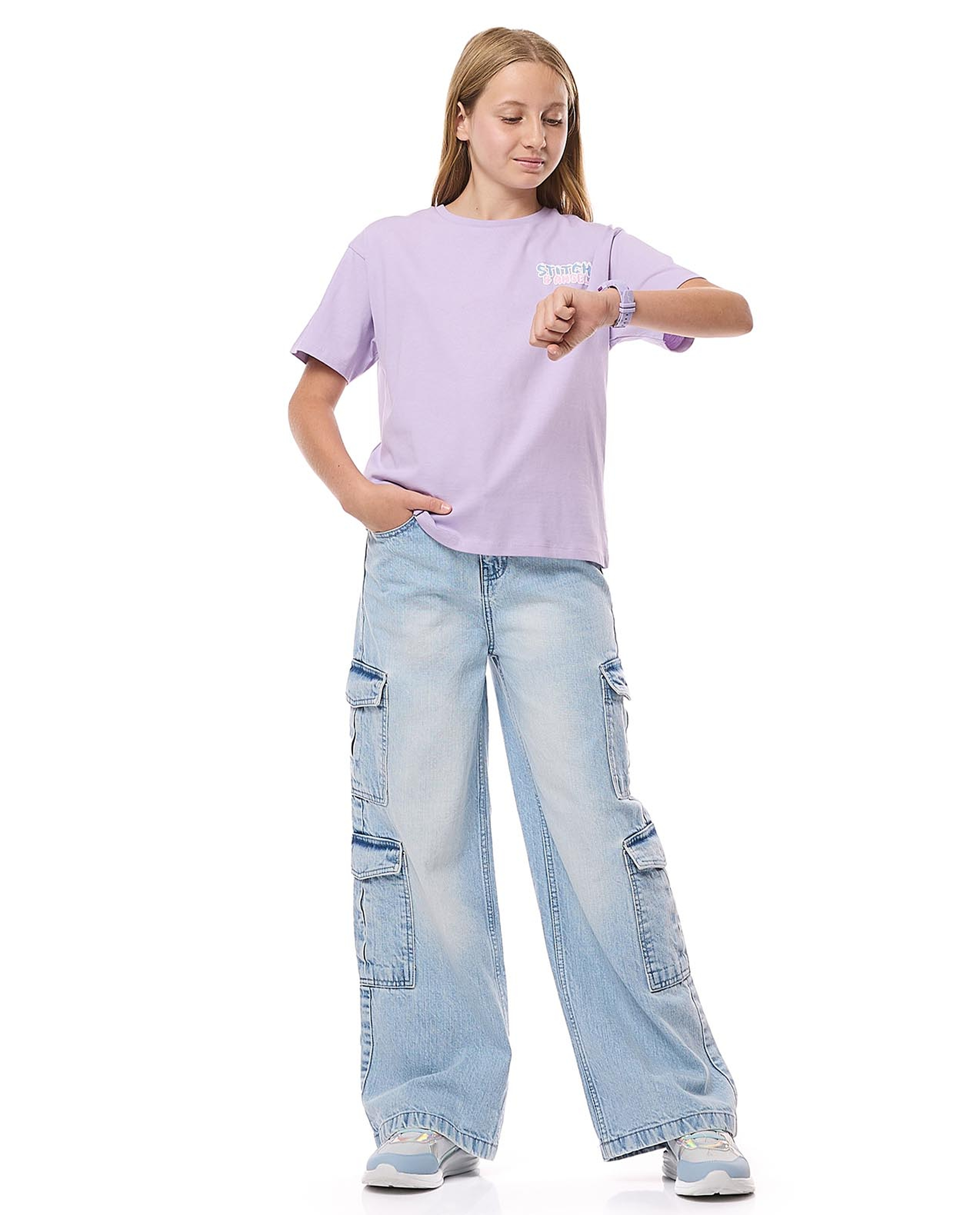 Back Stitch Printed T-Shirt with Crew Neck and Short Sleeves